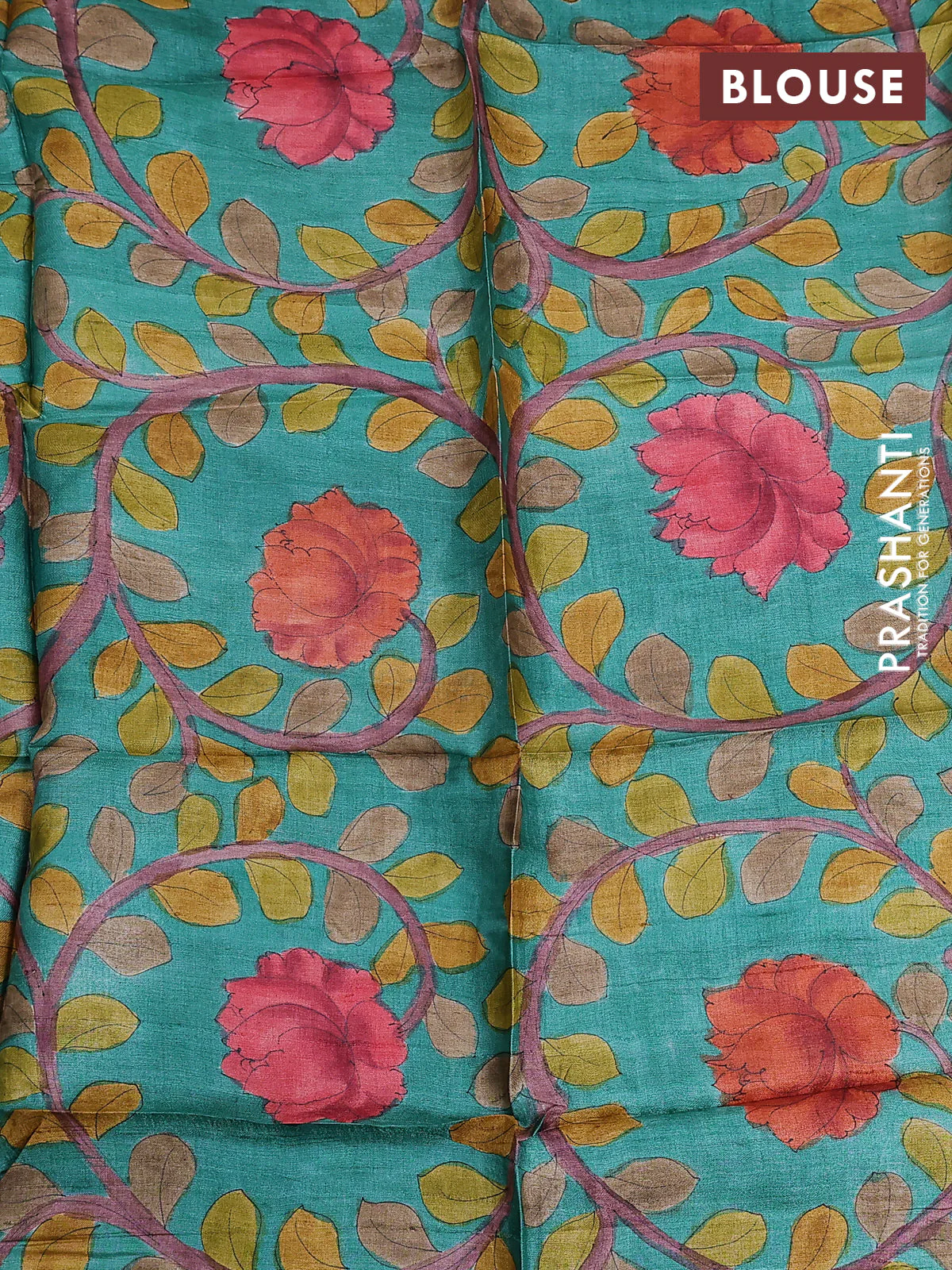 Tussar hand painted blouse piece teal green with allover kalamkari prints - Image 2