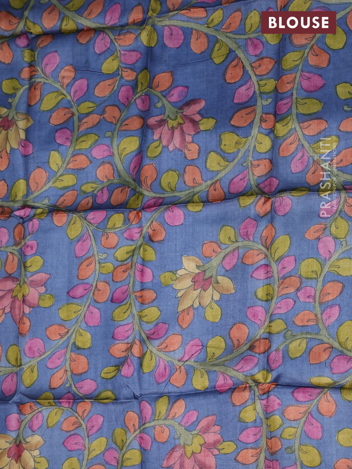 Tussar silk blouse piece blue with allover kalamkari prints - Image 2