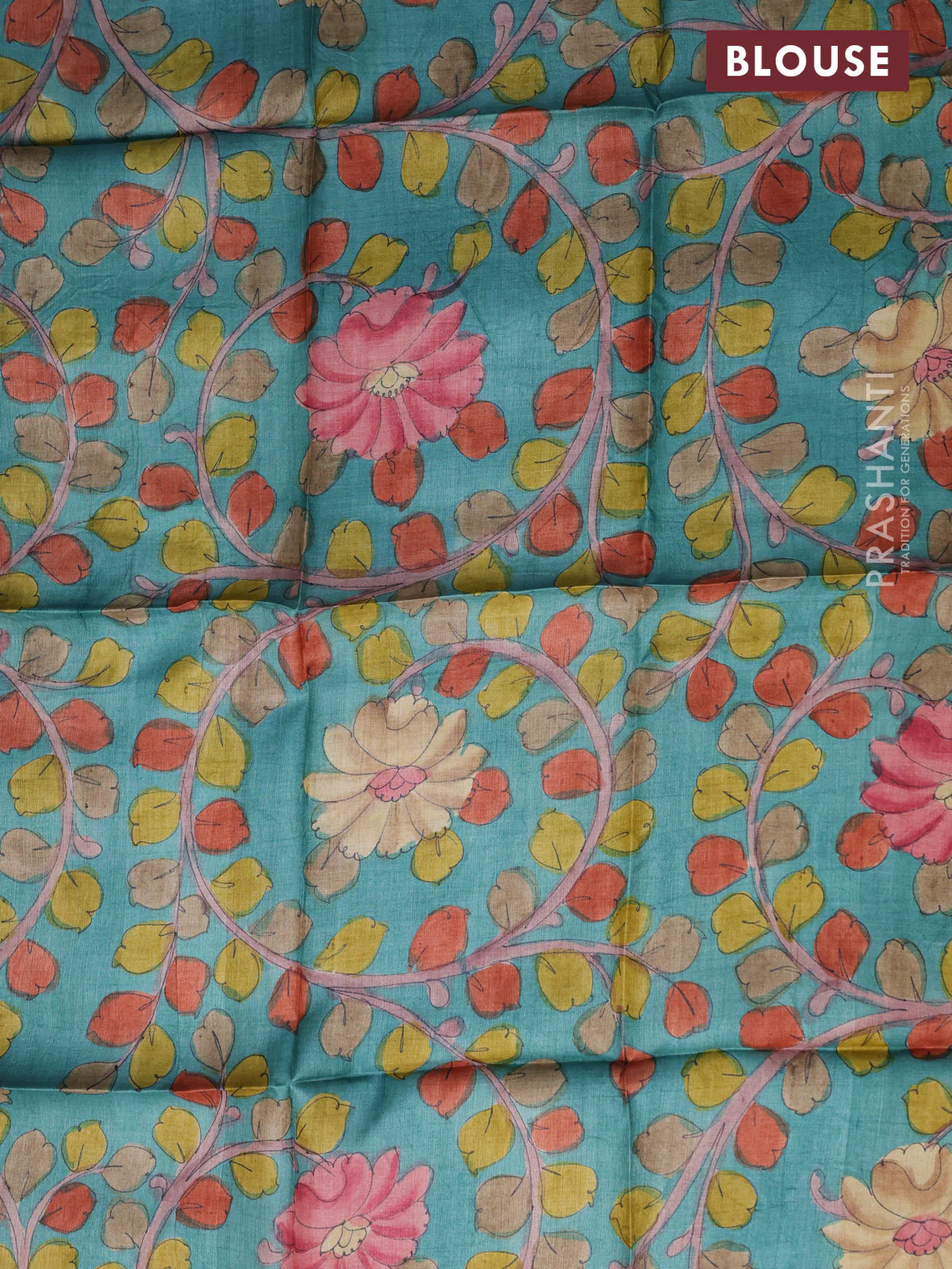 Tussar silk blouse piece teal blue with allover kalamkari prints - Image 2