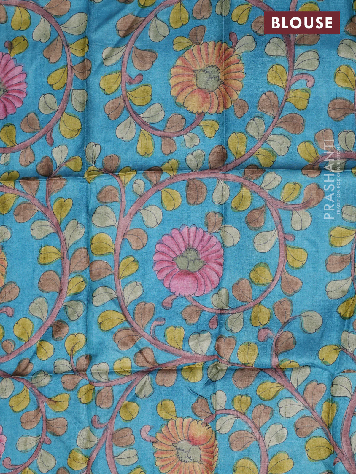 Tussar silk blouse piece teal blue with allover kalamkari prints - Image 2