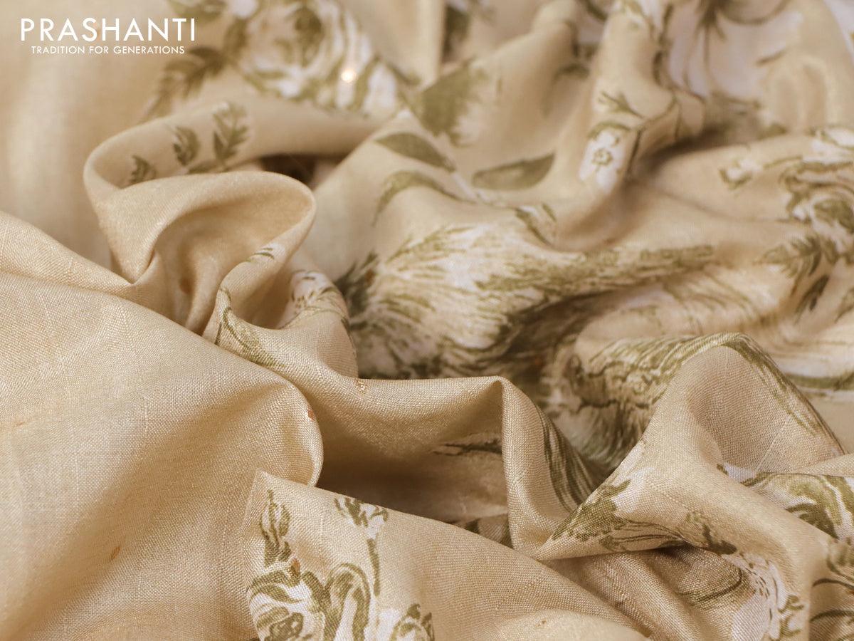 Tussar silk saree beige and cream with allover zari buttas and floral design cross stitched embroidery border - Image 3