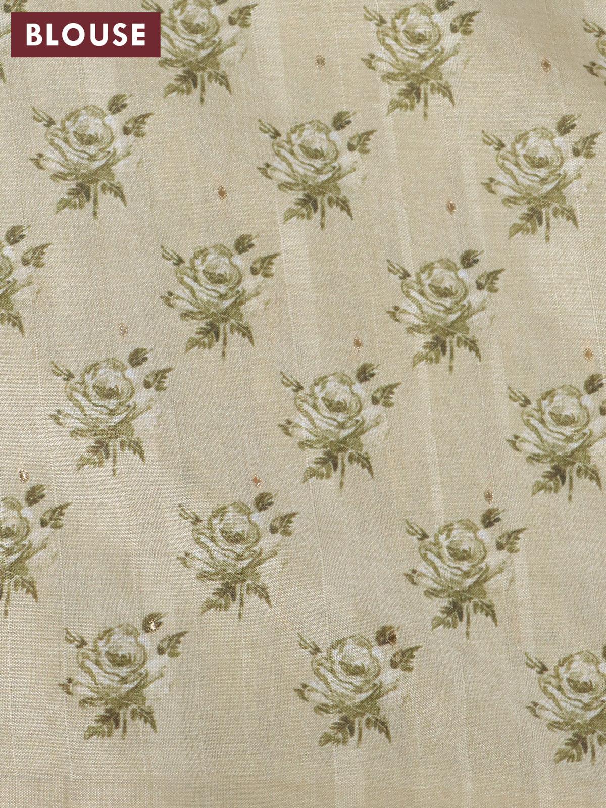 Tussar silk saree beige and cream with allover zari buttas and floral design cross stitched embroidery border - Image 4