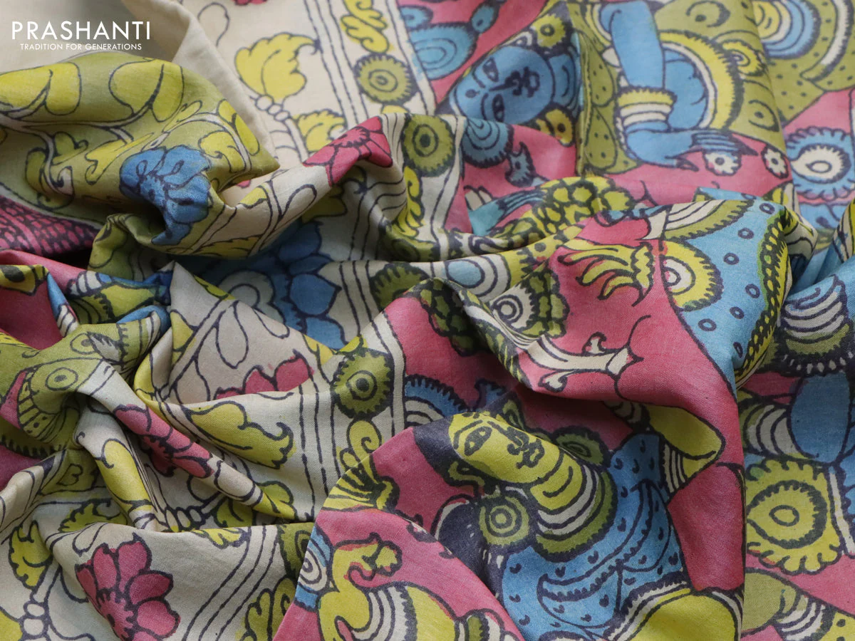 Tussar silk saree beige pink and lime green with allover hand painted pen kalamkari prints and long printed border - Image 3