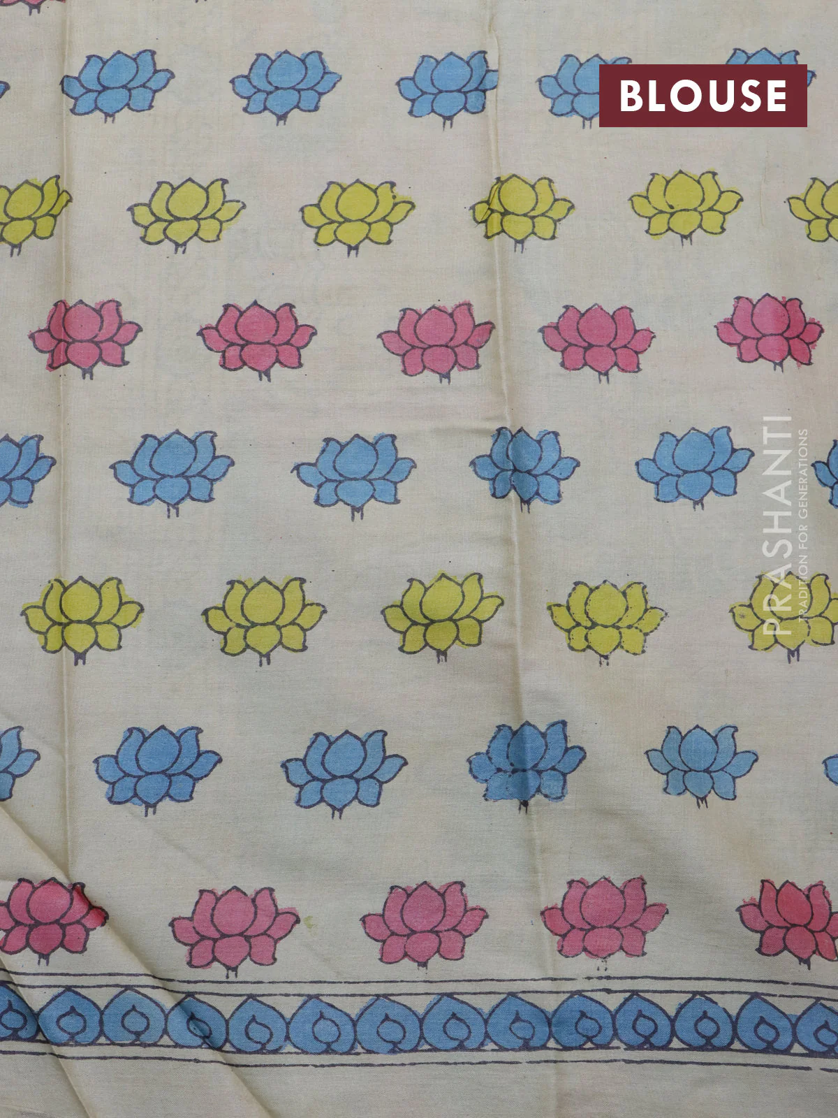 Tussar silk saree beige pink and lime green with allover hand painted pen kalamkari prints and long printed border - Image 4
