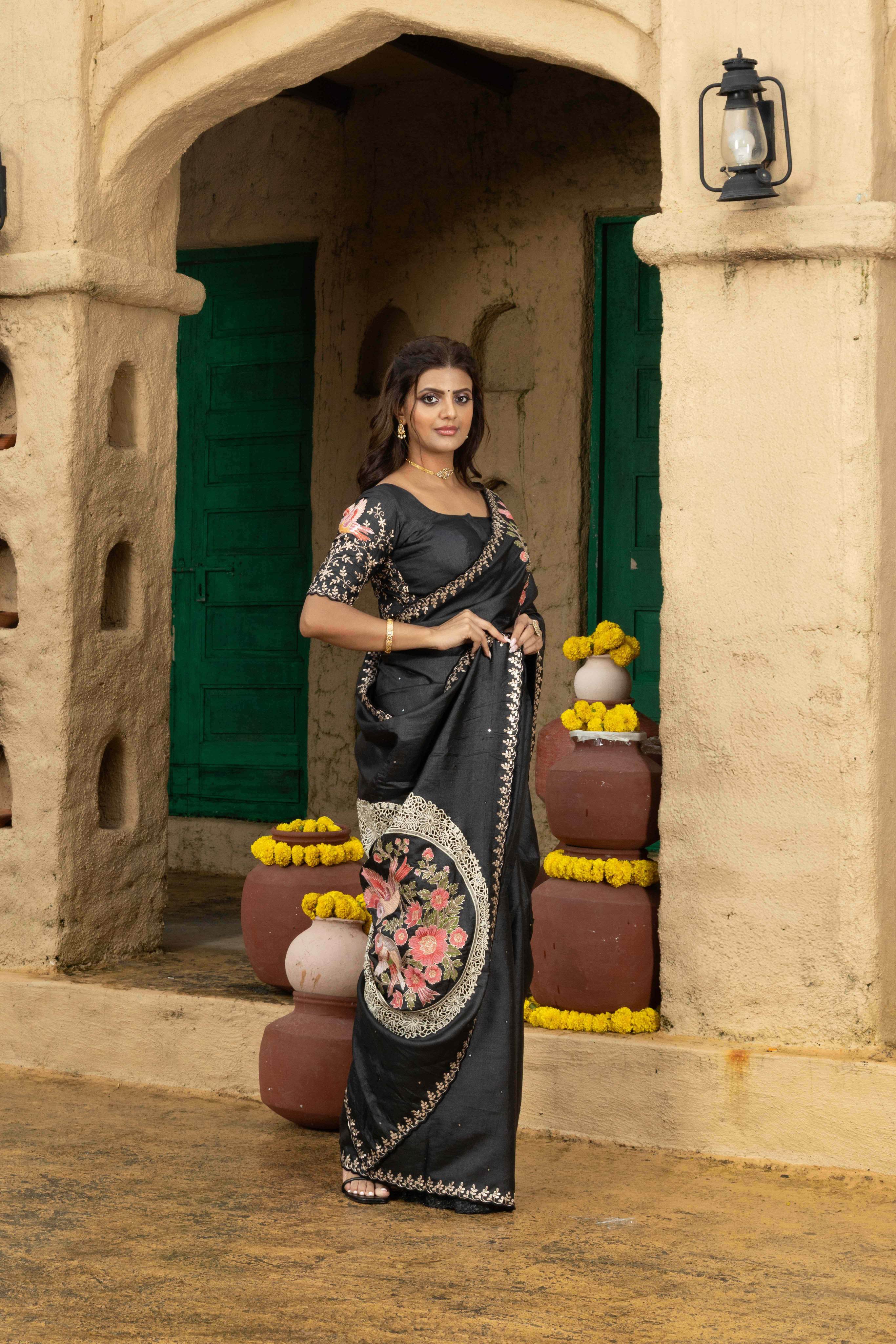 Tussar silk saree black with allover mirror work and placement style embroidery cut work pallu - Image 2