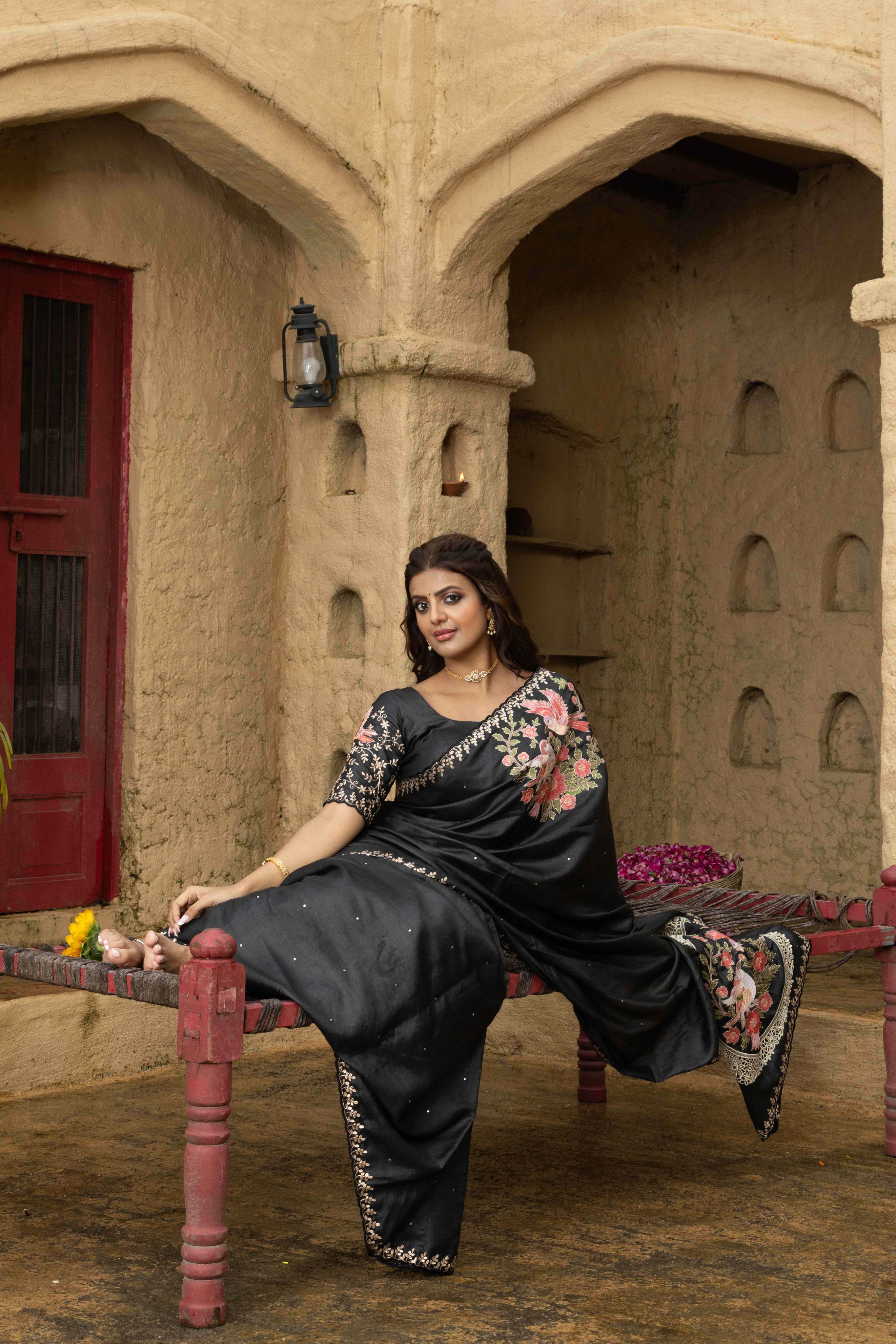 Tussar silk saree black with allover mirror work and placement style embroidery cut work pallu - Image 3
