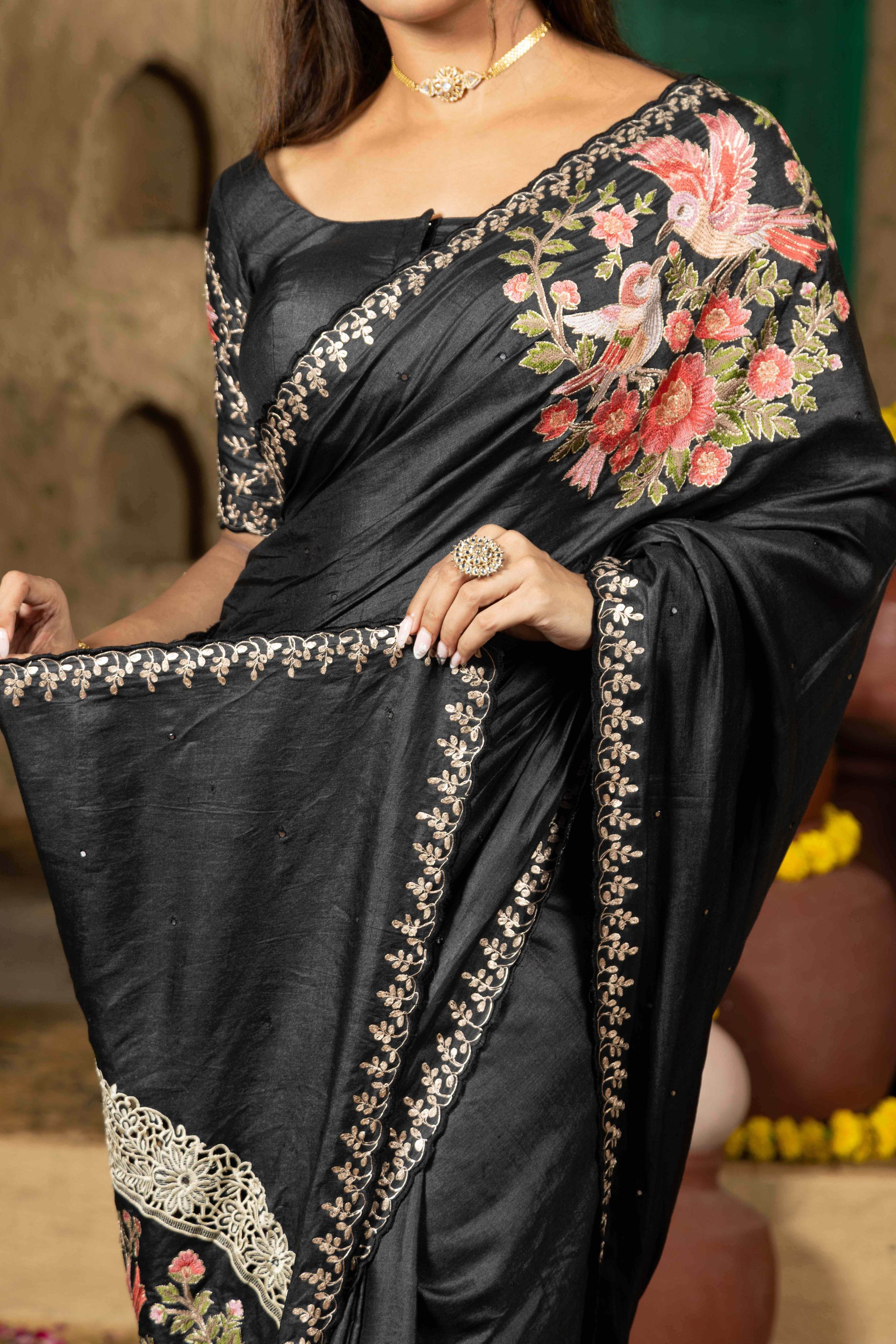 Tussar silk saree black with allover mirror work and placement style embroidery cut work pallu - Image 4