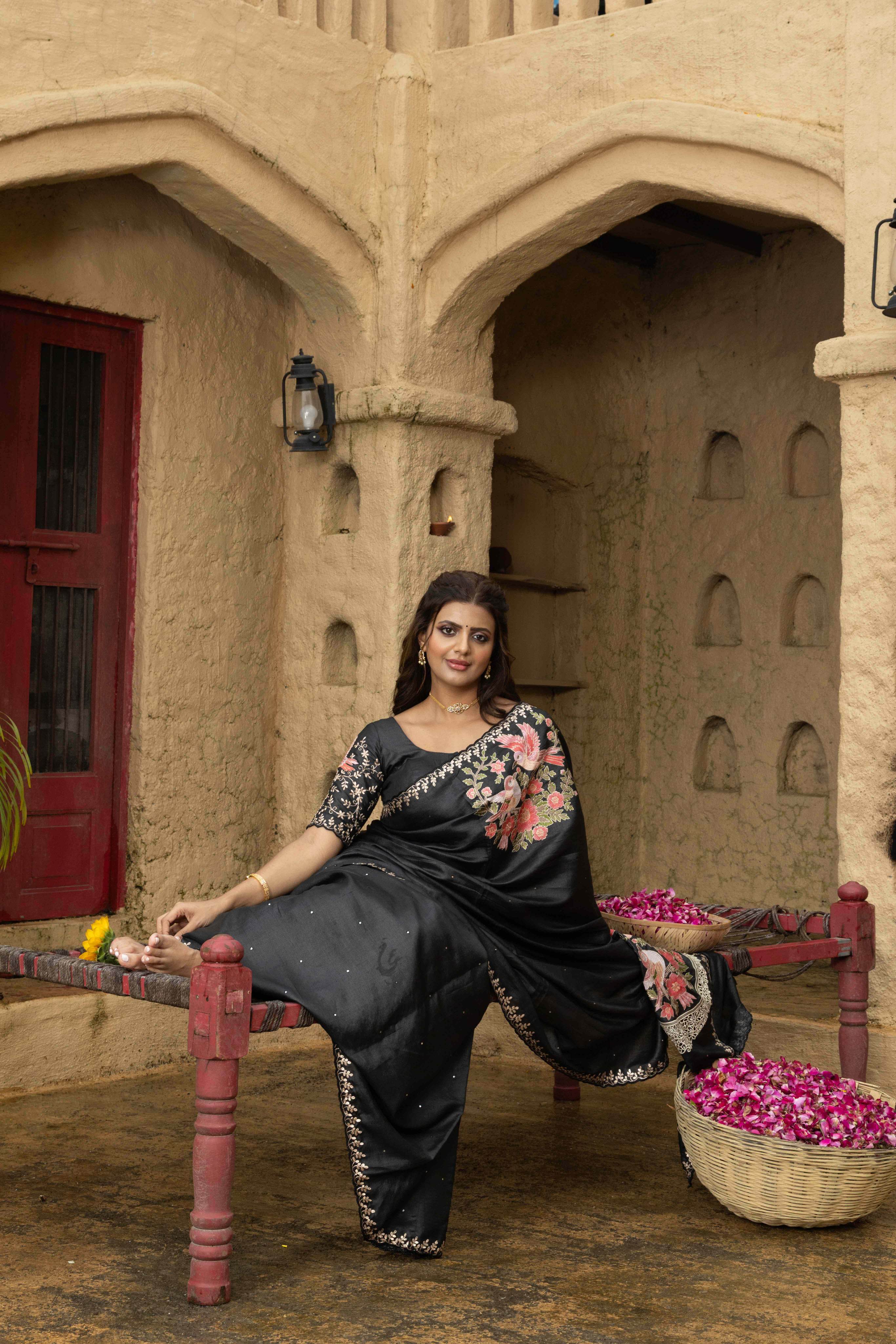 Tussar silk saree black with allover mirror work and placement style embroidery cut work pallu - Image 5