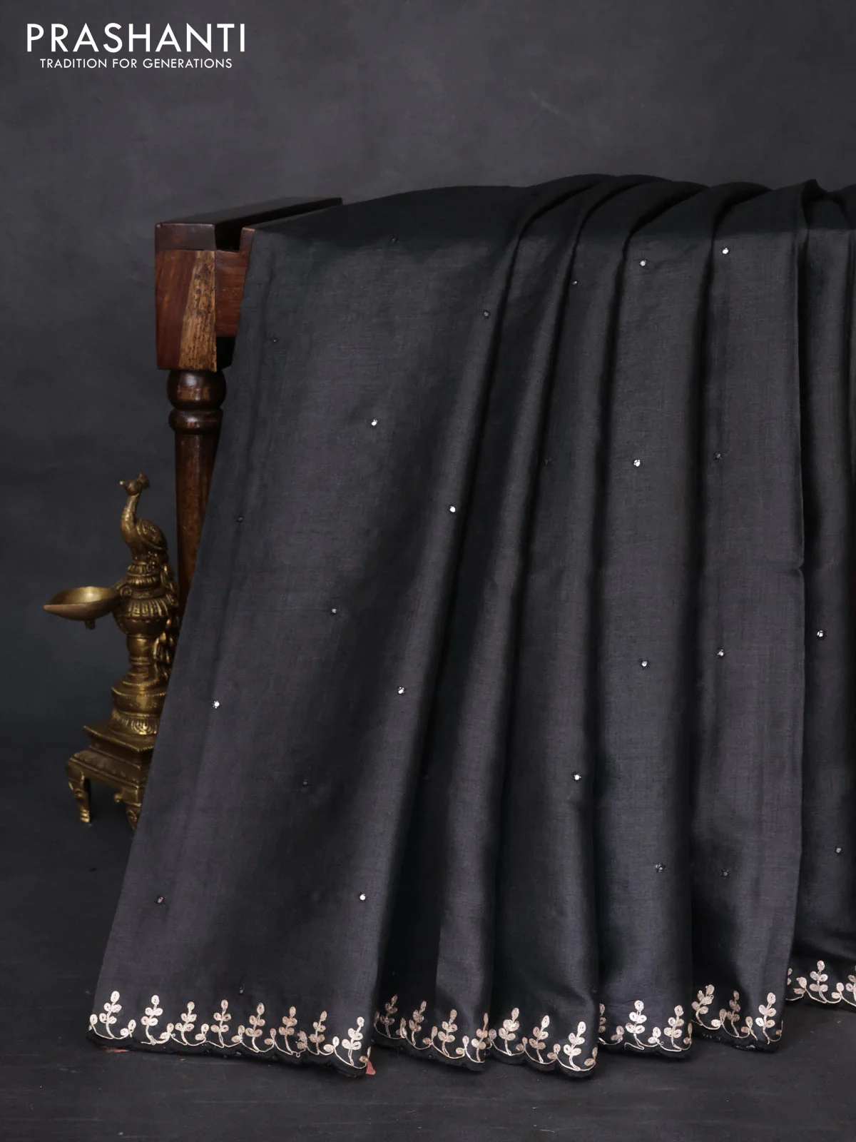 Tussar silk saree black with allover mirror work and placement style embroidery cut work pallu - Image 6