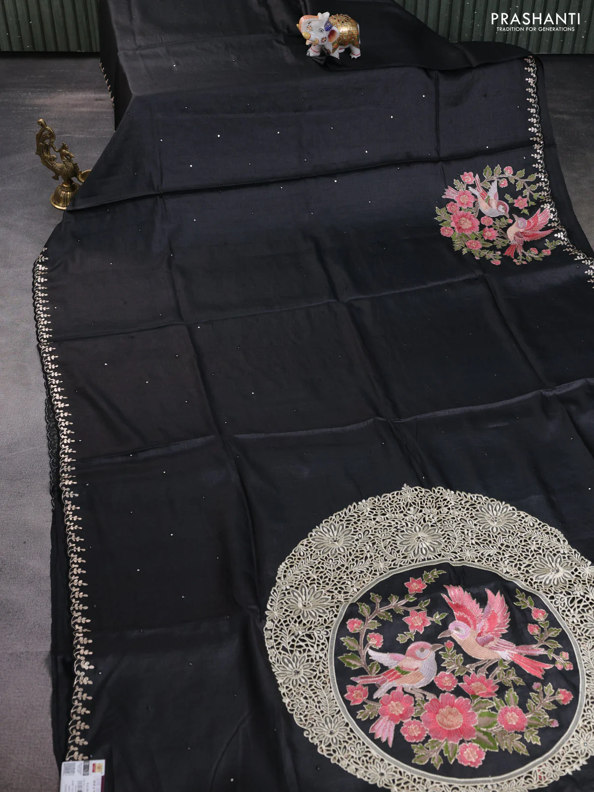 Tussar silk saree black with allover mirror work and placement style embroidery cut work pallu - Image 7