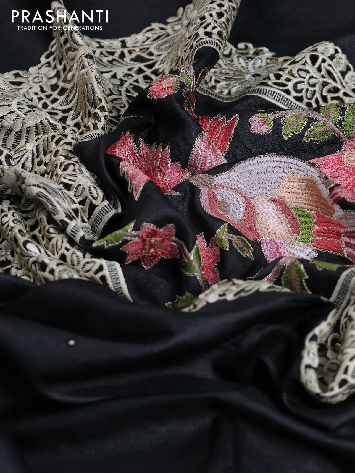 Tussar silk saree black with allover mirror work and placement style embroidery cut work pallu - Image 8