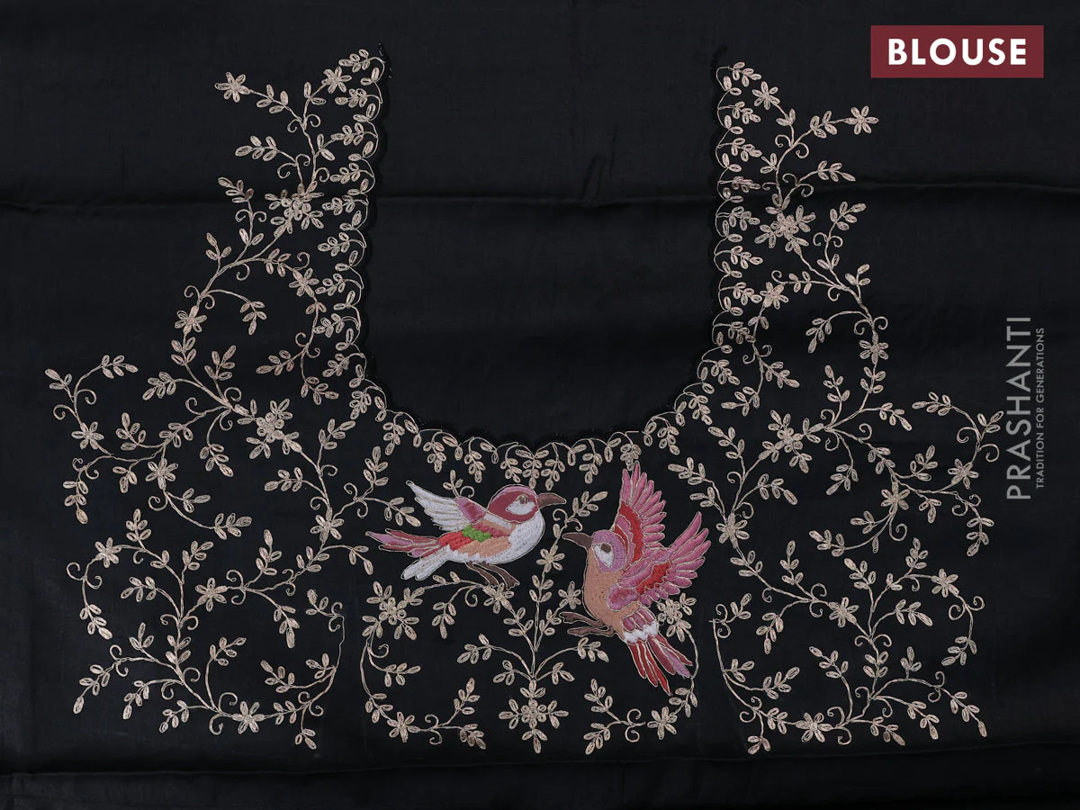 Tussar silk saree black with allover mirror work and placement style embroidery cut work pallu - Image 9