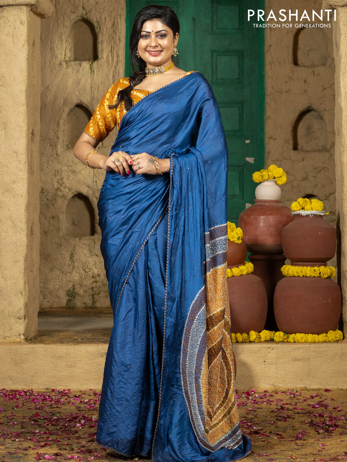 Tussar silk saree blue with centre placement style embroidery & mirror work and embroidery border - Image 2