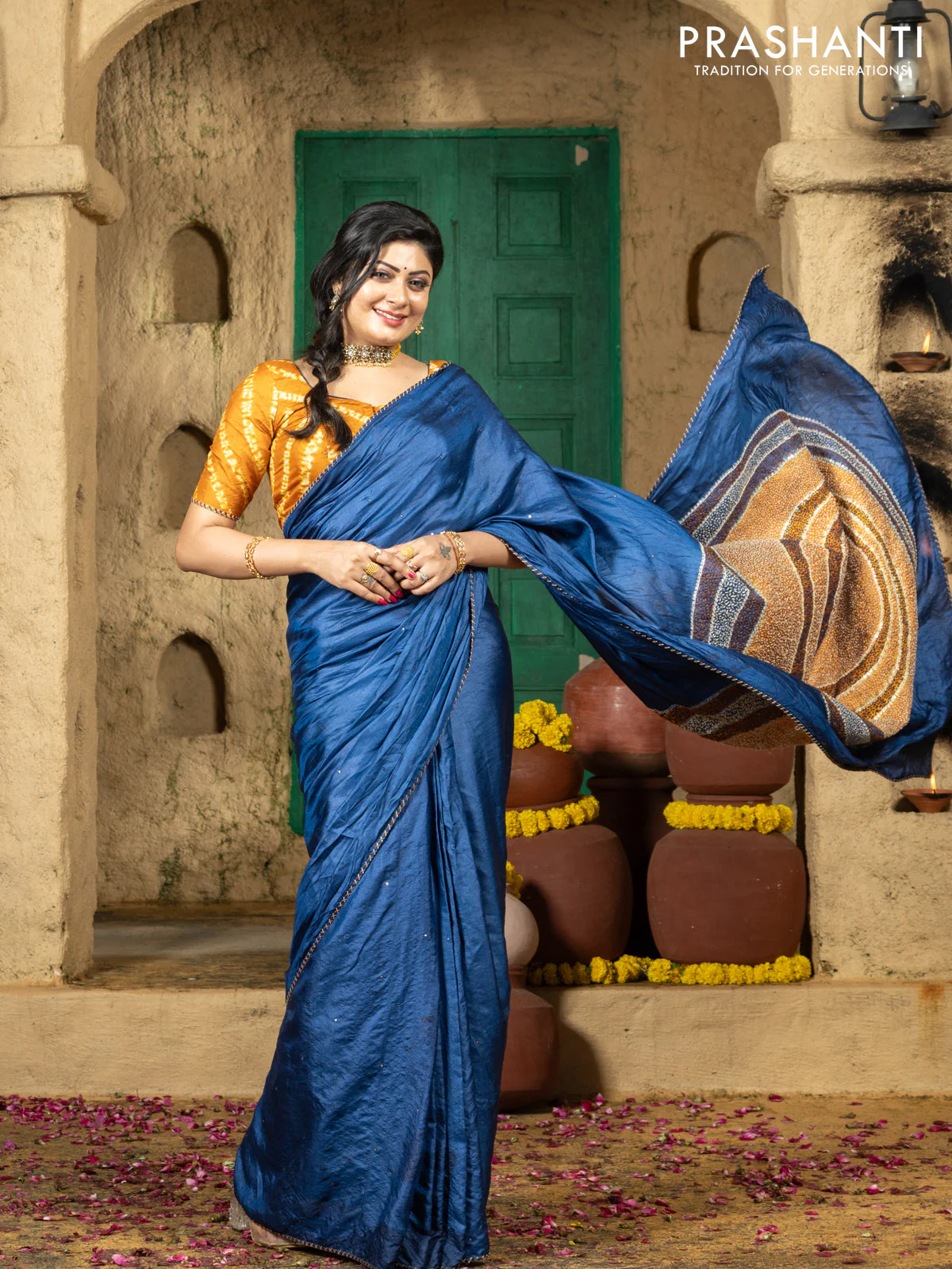 Tussar silk saree blue with centre placement style embroidery & mirror work and embroidery border - Image 3