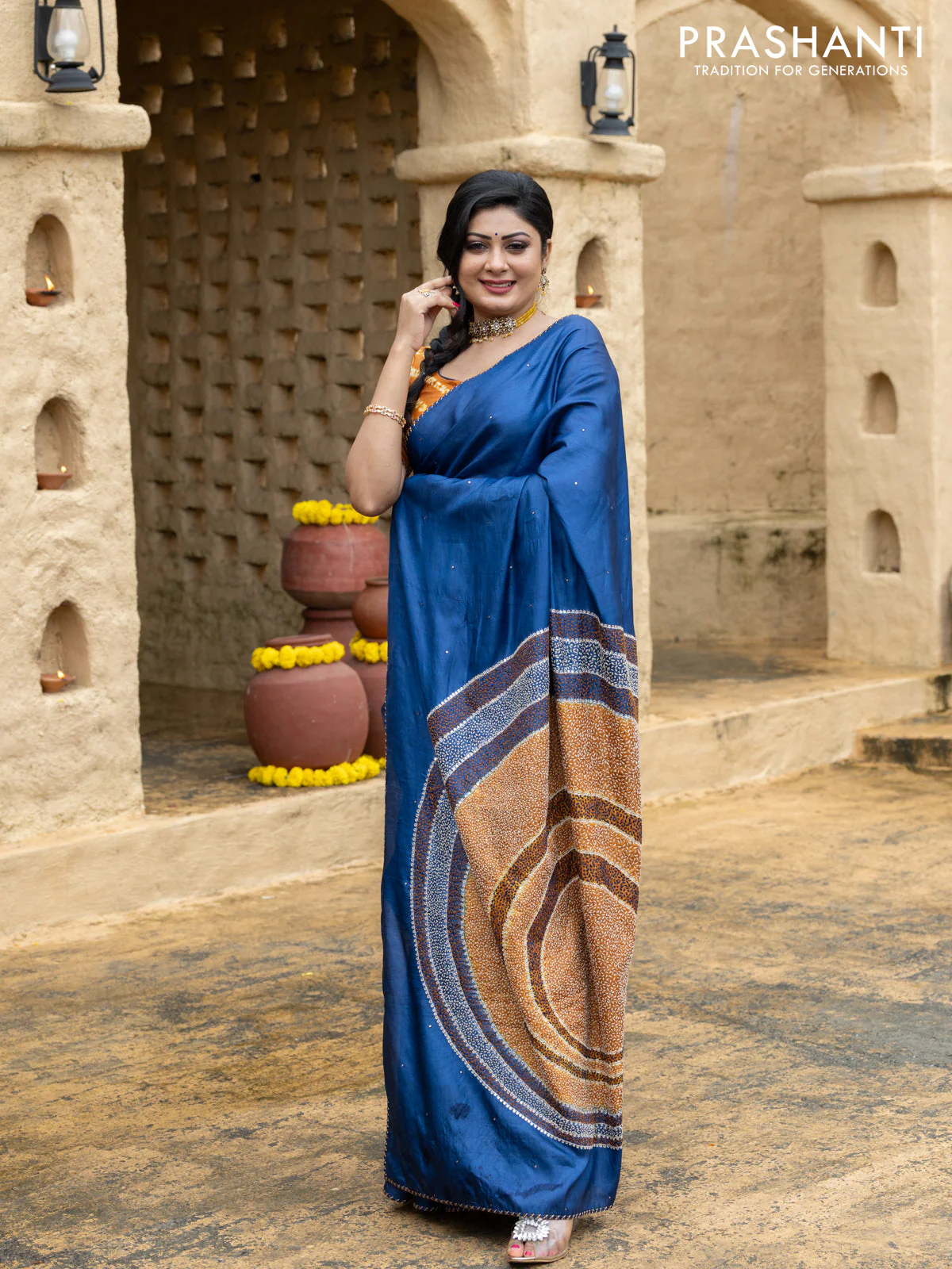 Tussar silk saree blue with centre placement style embroidery & mirror work and embroidery border - Image 4