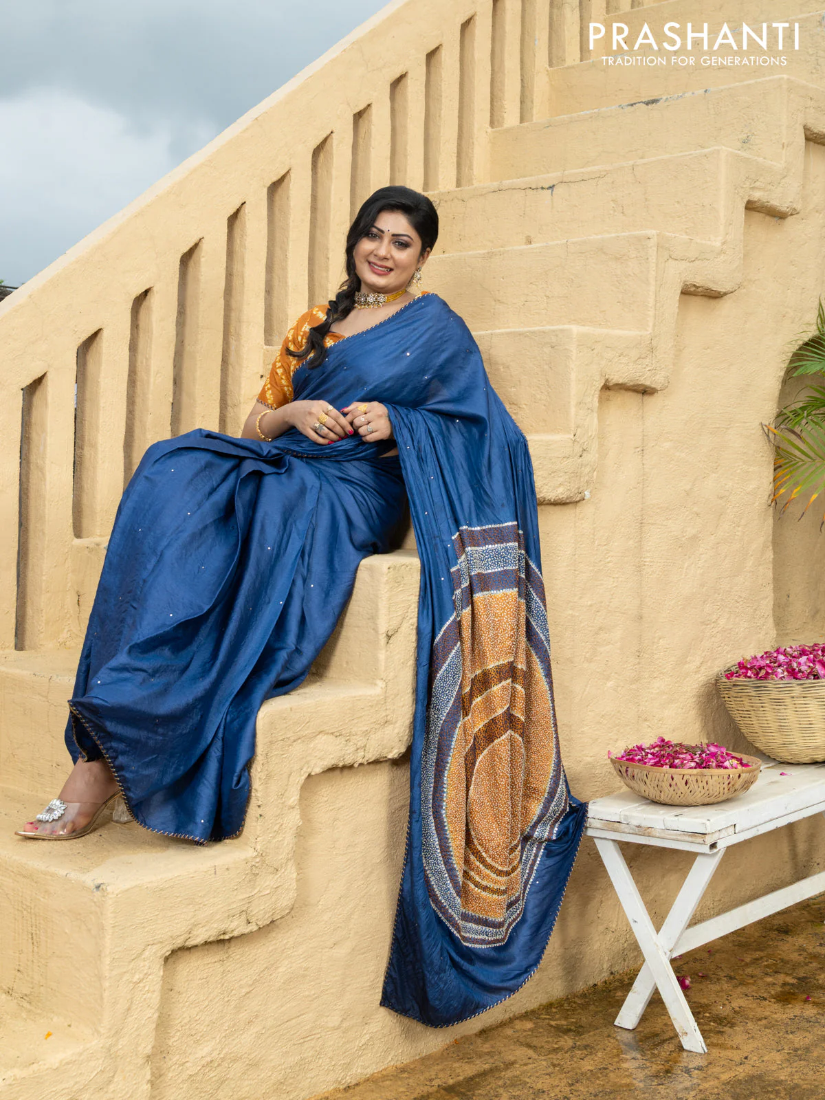 Tussar silk saree blue with centre placement style embroidery & mirror work and embroidery border - Image 5