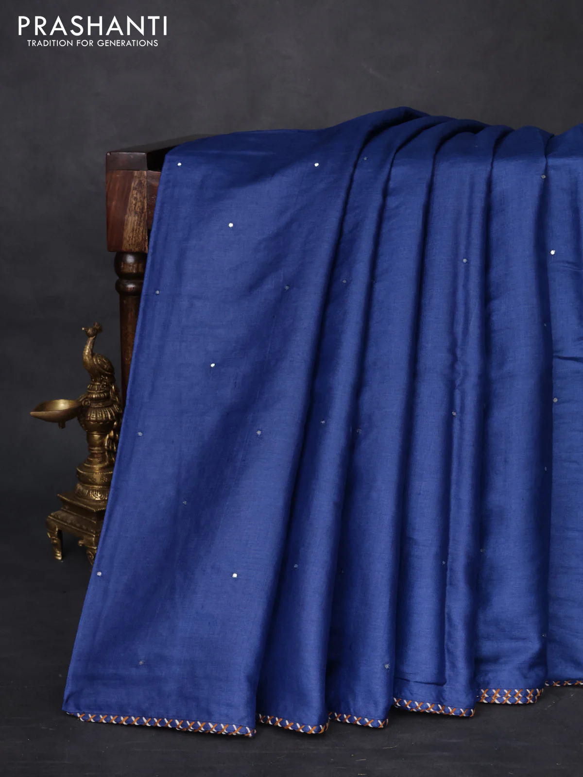 Tussar silk saree blue with centre placement style embroidery & mirror work and embroidery border - Image 6