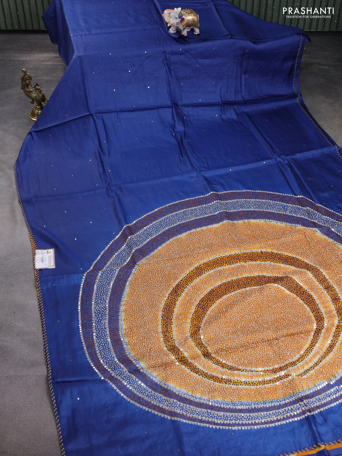 Tussar silk saree blue with centre placement style embroidery & mirror work and embroidery border - Image 7