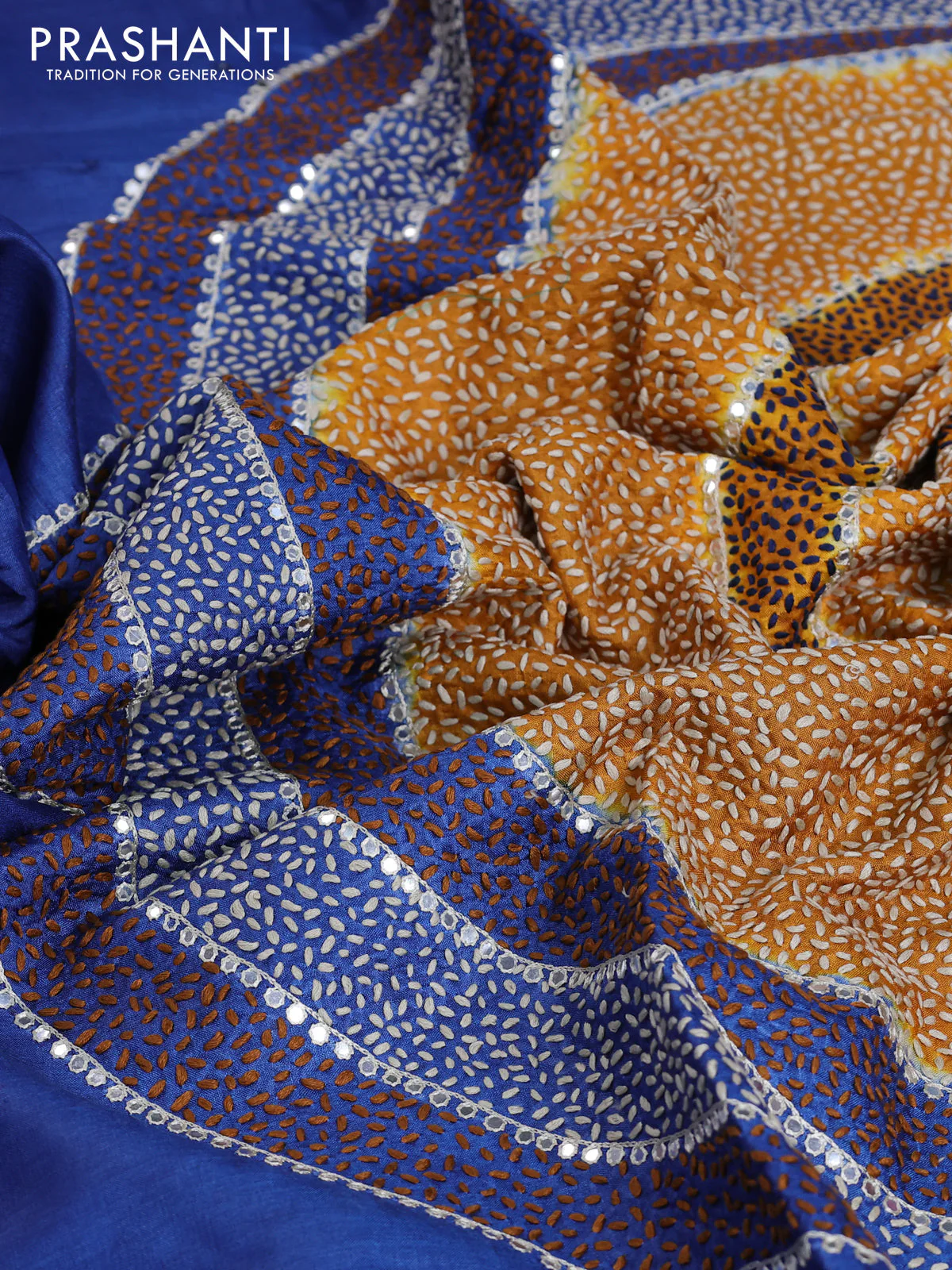 Tussar silk saree blue with centre placement style embroidery & mirror work and embroidery border - Image 8