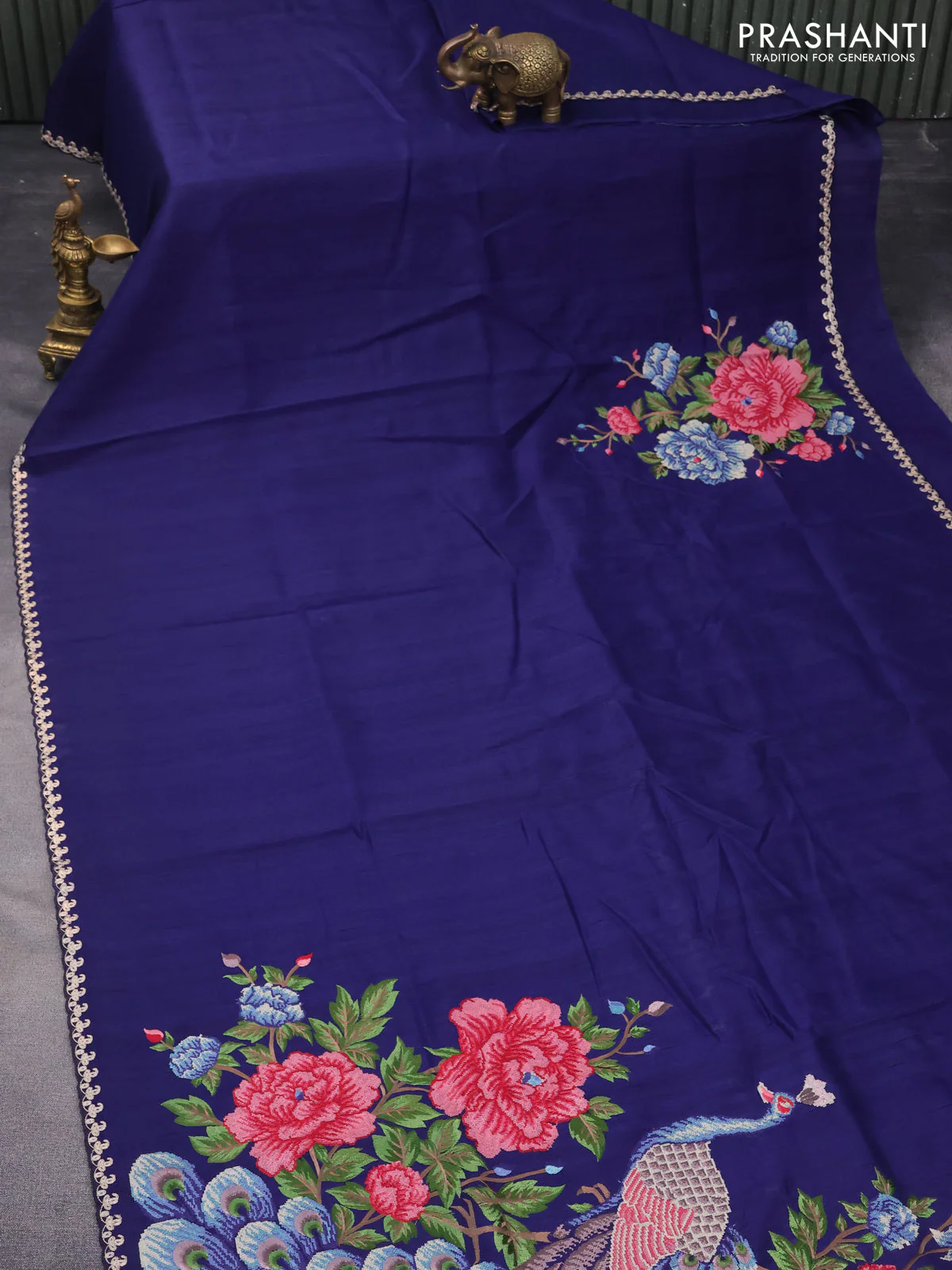 Tussar silk saree blue with plain body and peacock deisgn embroidery work pallu - Image 2