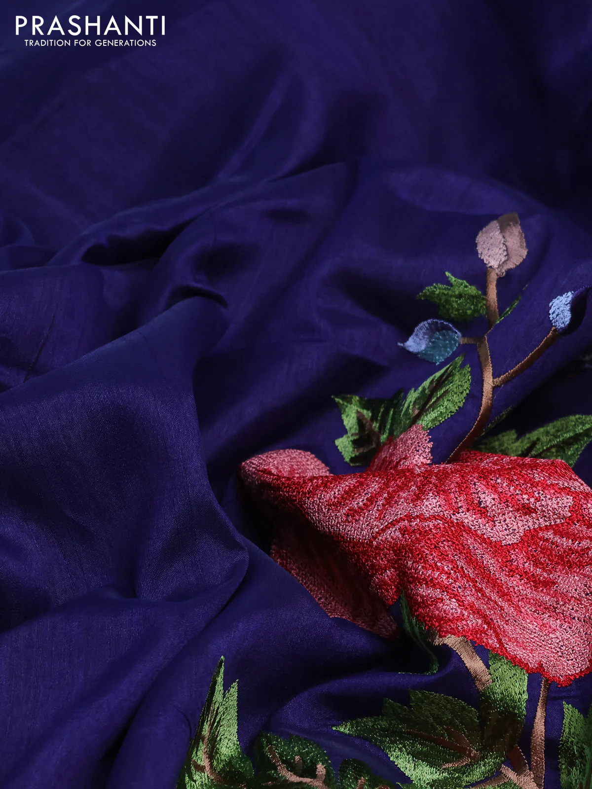 Tussar silk saree blue with plain body and peacock deisgn embroidery work pallu - Image 3