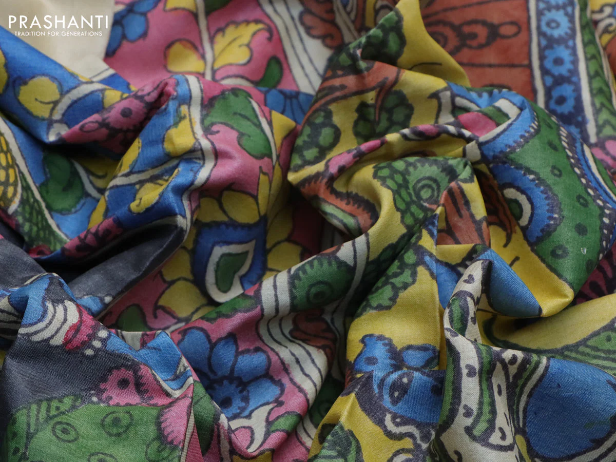 Tussar silk saree dark grey and brown shade with allover hand painted pen kalamkari prints and long printed border - Image 3