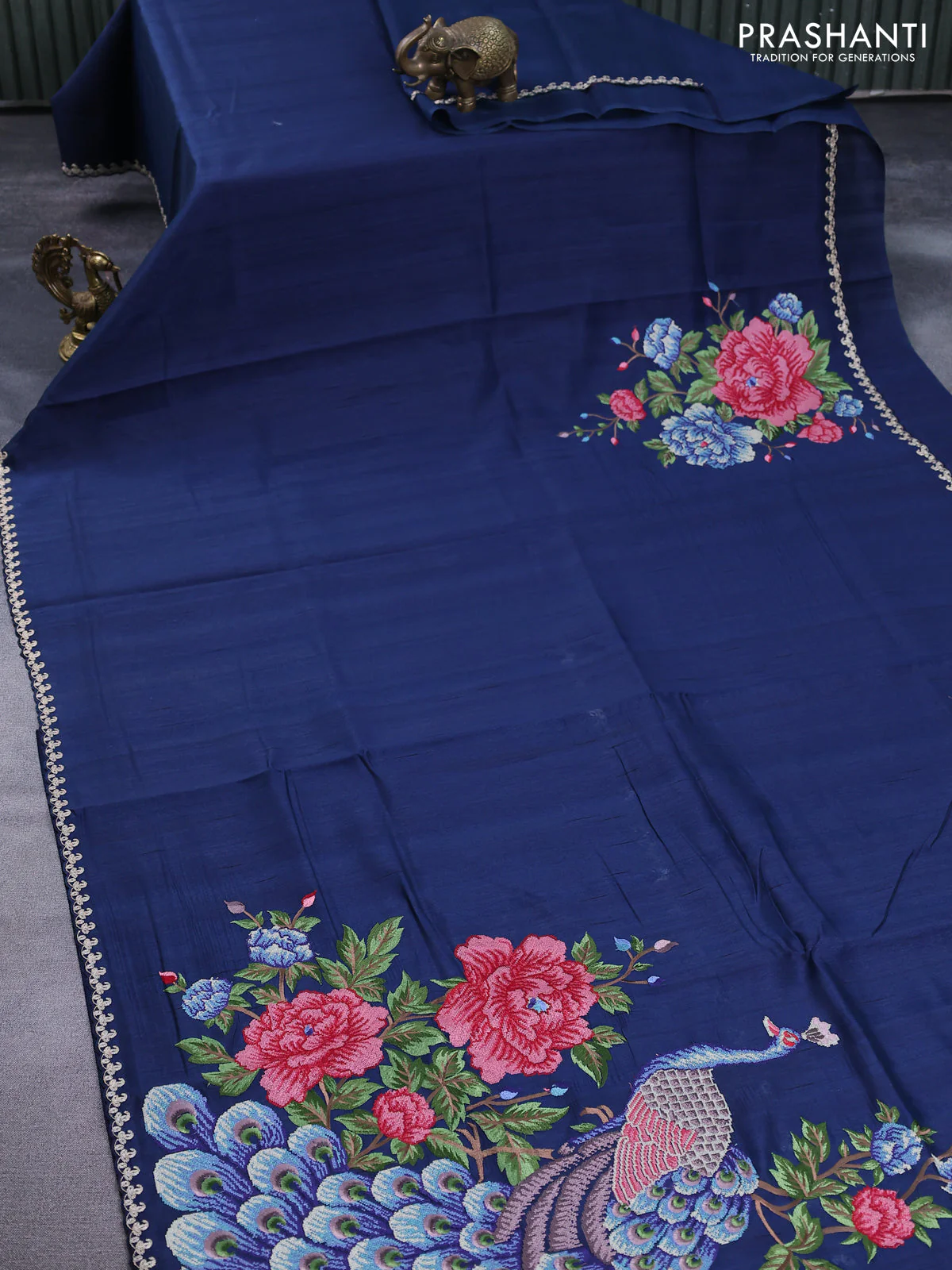 Tussar silk saree dark peacock blue with plain body and peacock deisgn embroidery work pallu - Image 2