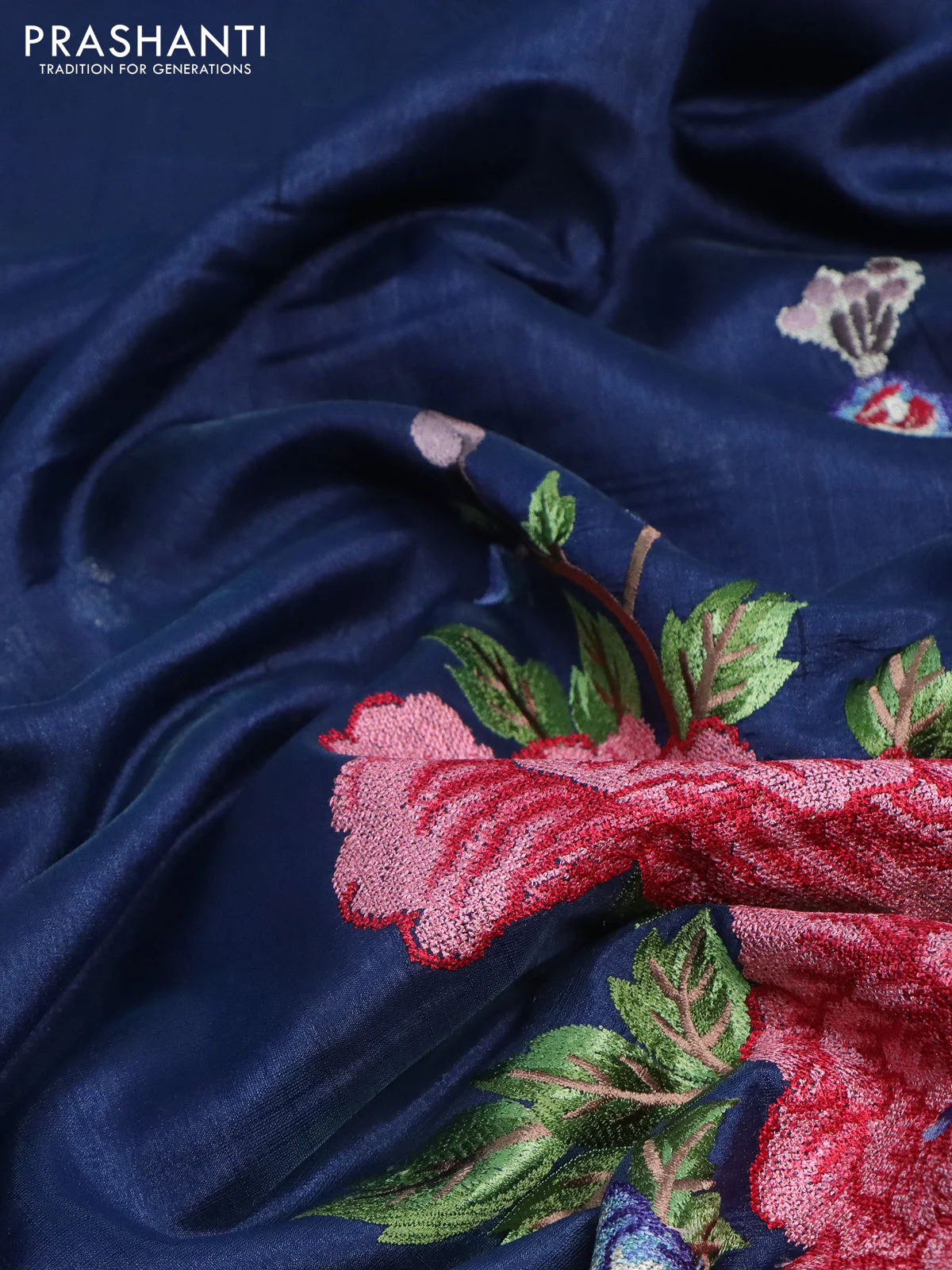 Tussar silk saree dark peacock blue with plain body and peacock deisgn embroidery work pallu - Image 3