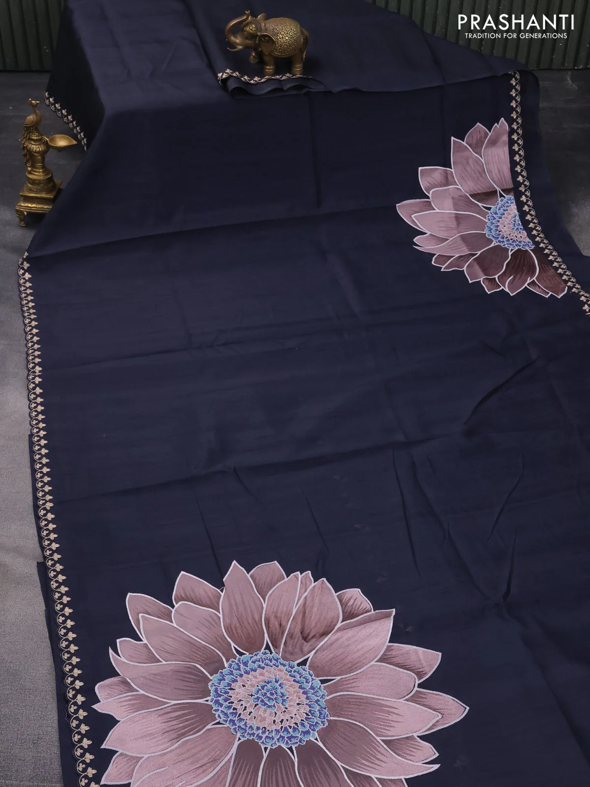 Tussar silk saree deep navy blue with plain body and floral deisgn embroidery work pallu - Image 2
