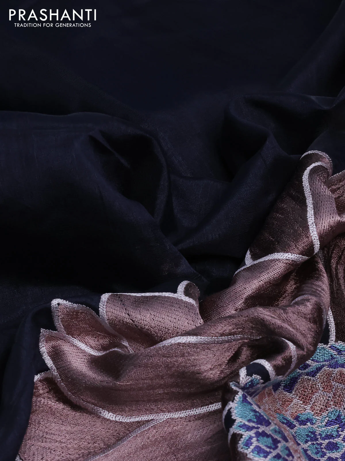 Tussar silk saree deep navy blue with plain body and floral deisgn embroidery work pallu - Image 3