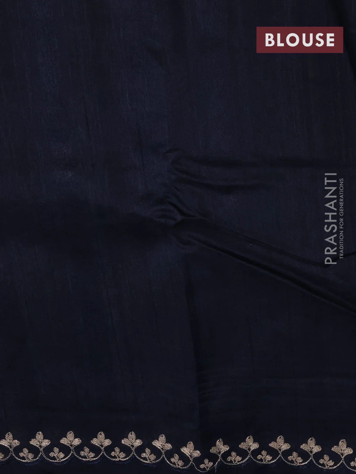 Tussar silk saree deep navy blue with plain body and floral deisgn embroidery work pallu - Image 4