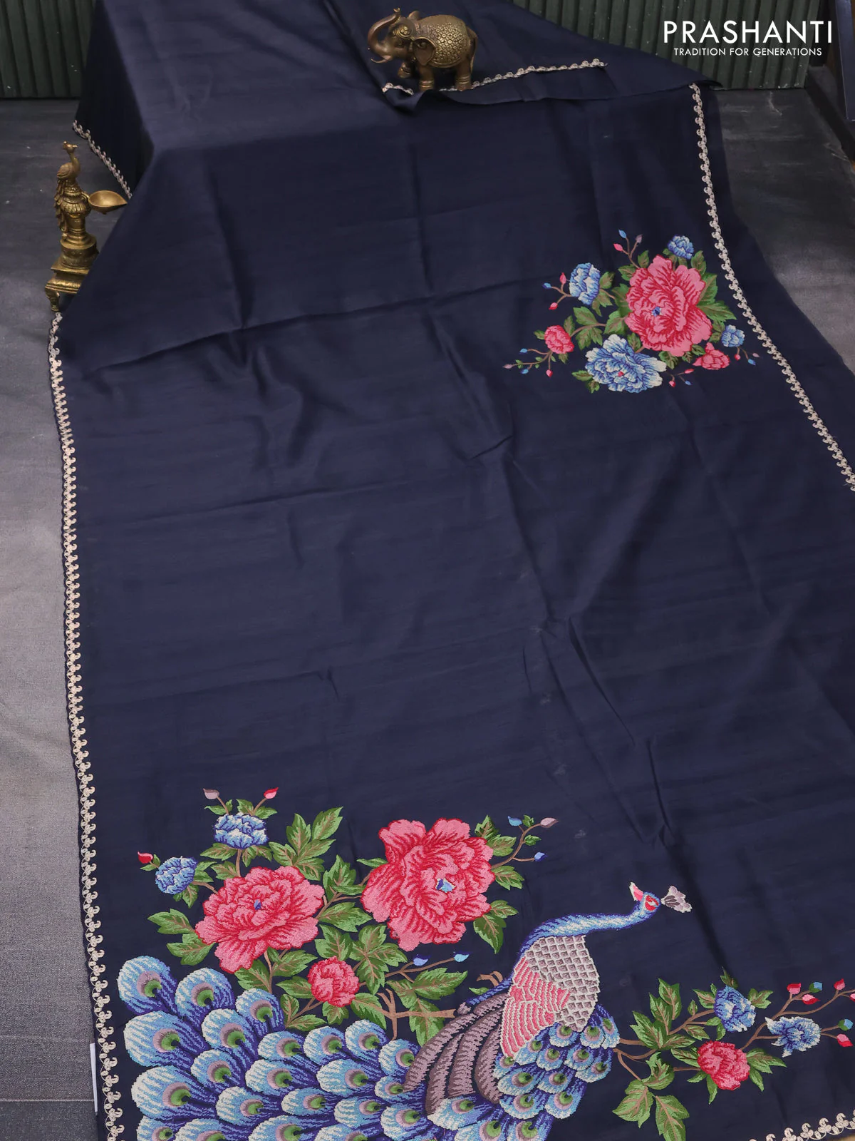 Tussar silk saree deep navy blue with plain body and peacock deisgn embroidery work pallu - Image 2