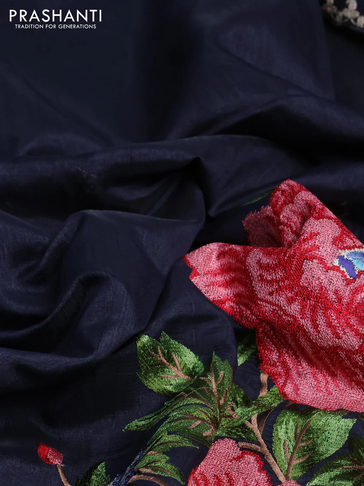 Tussar silk saree deep navy blue with plain body and peacock deisgn embroidery work pallu - Image 3
