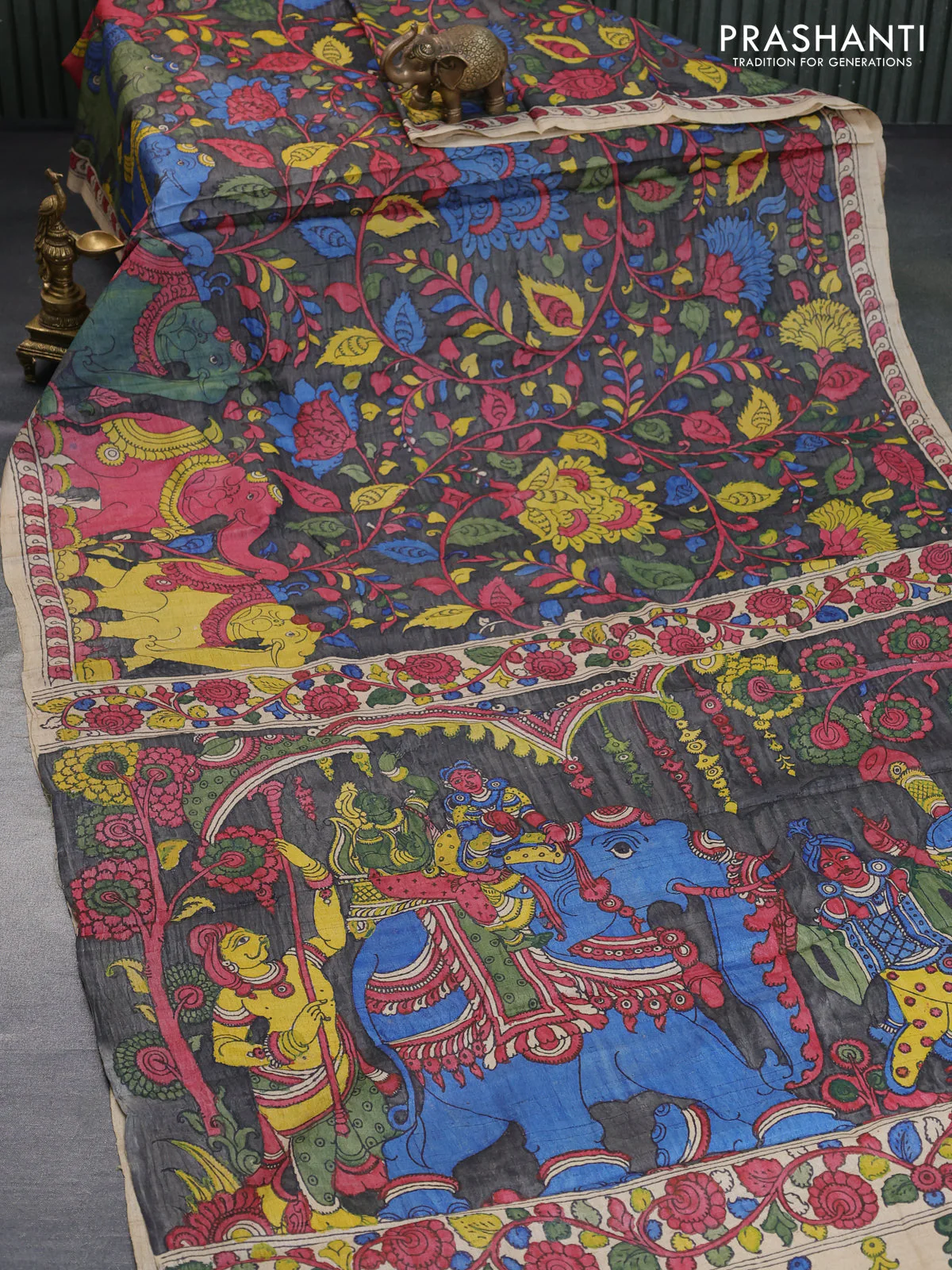 Tussar silk saree grey and maroon beige with allover hand painted pen kalamkari prints and printed border - Image 2