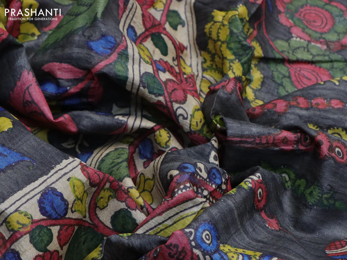 Tussar silk saree grey and maroon beige with allover hand painted pen kalamkari prints and printed border - Image 3