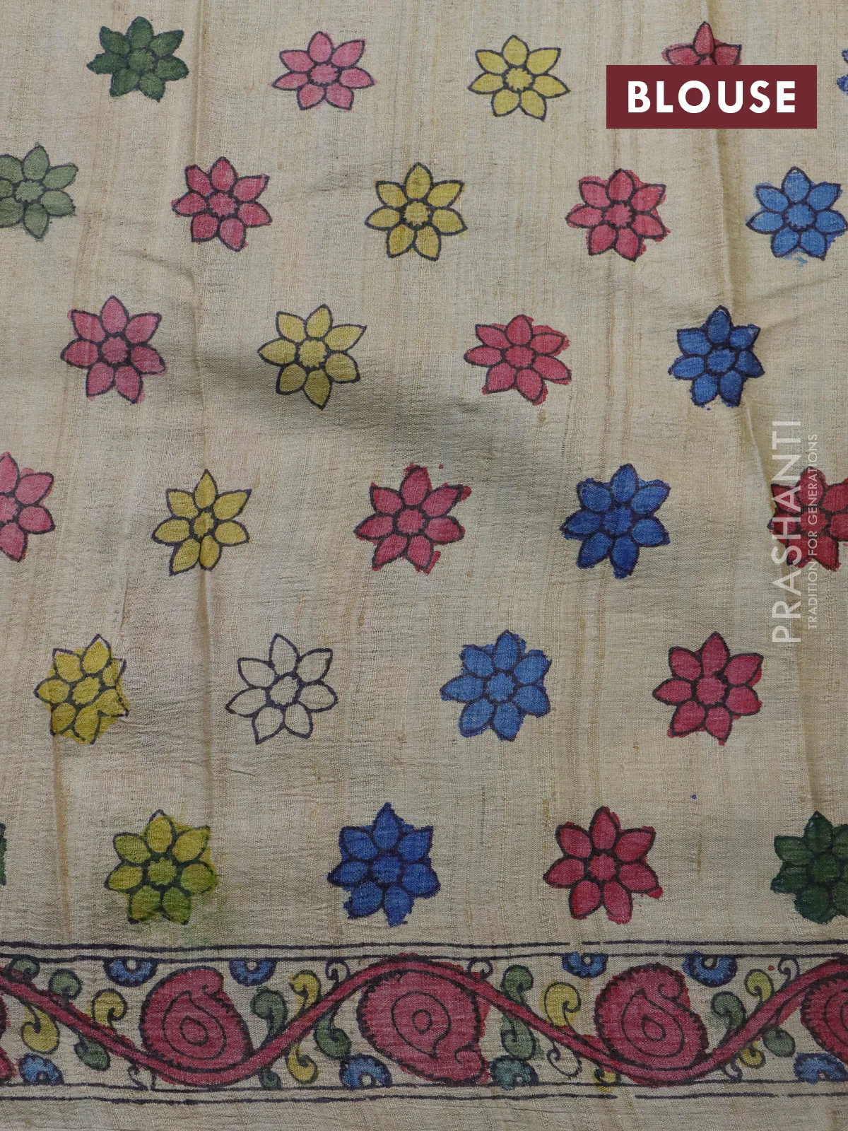 Tussar silk saree grey and maroon beige with allover hand painted pen kalamkari prints and printed border - Image 4