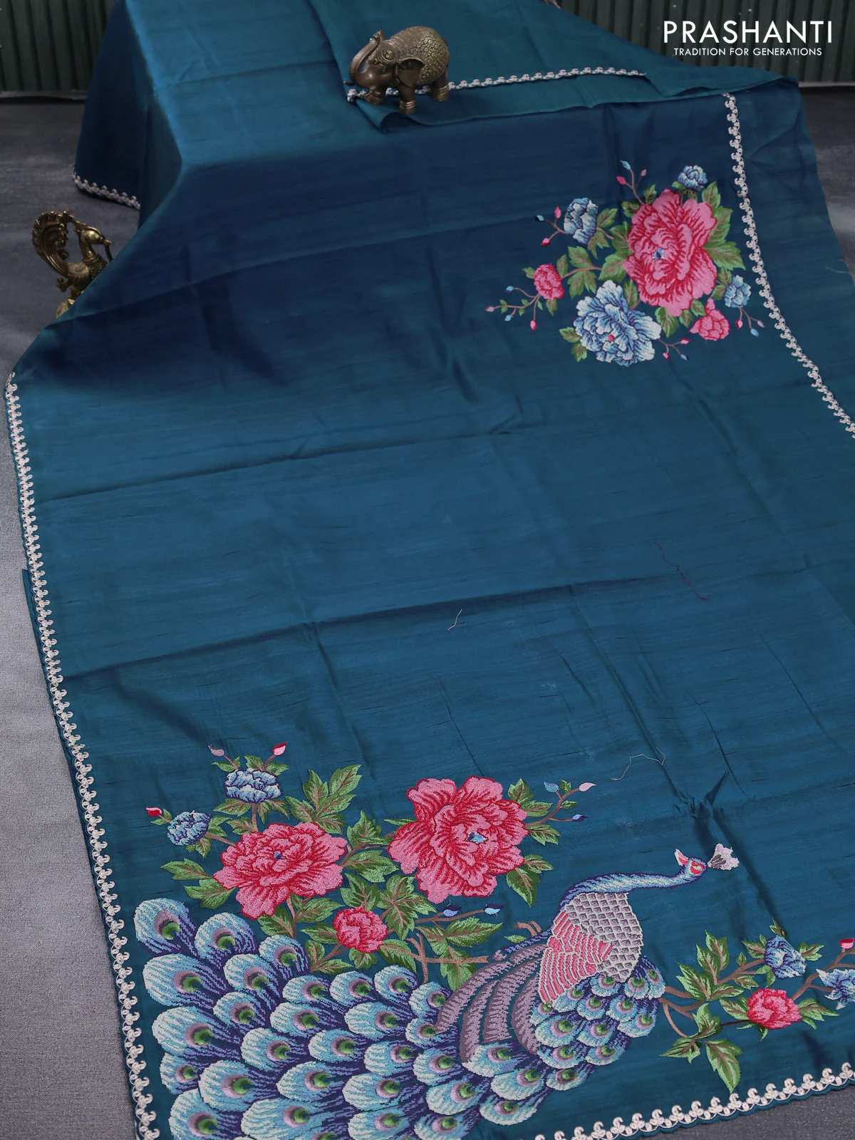 Tussar silk saree peacock blue with plain body and peacock deisgn embroidery work pallu - Image 2