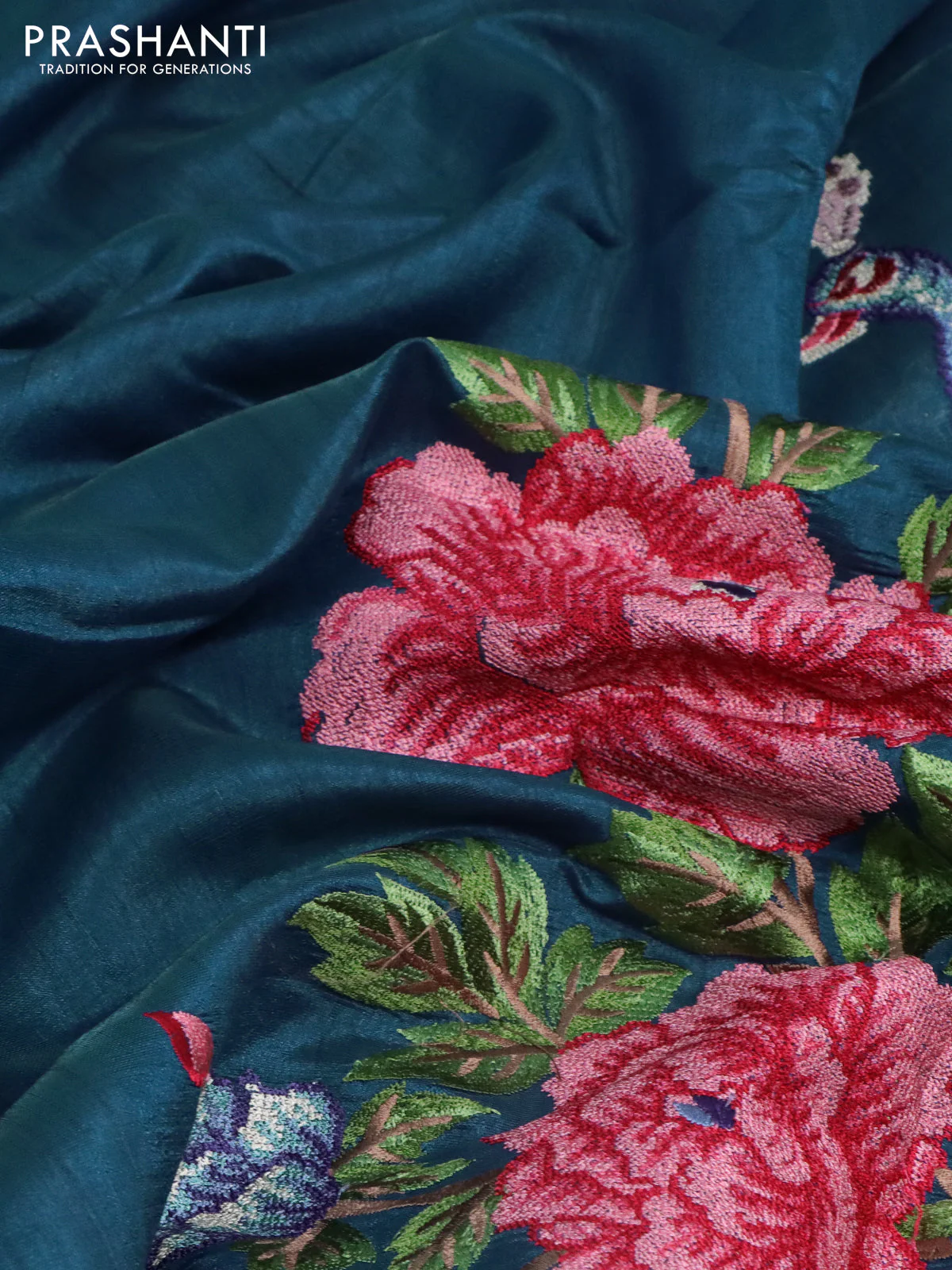 Tussar silk saree peacock blue with plain body and peacock deisgn embroidery work pallu - Image 3