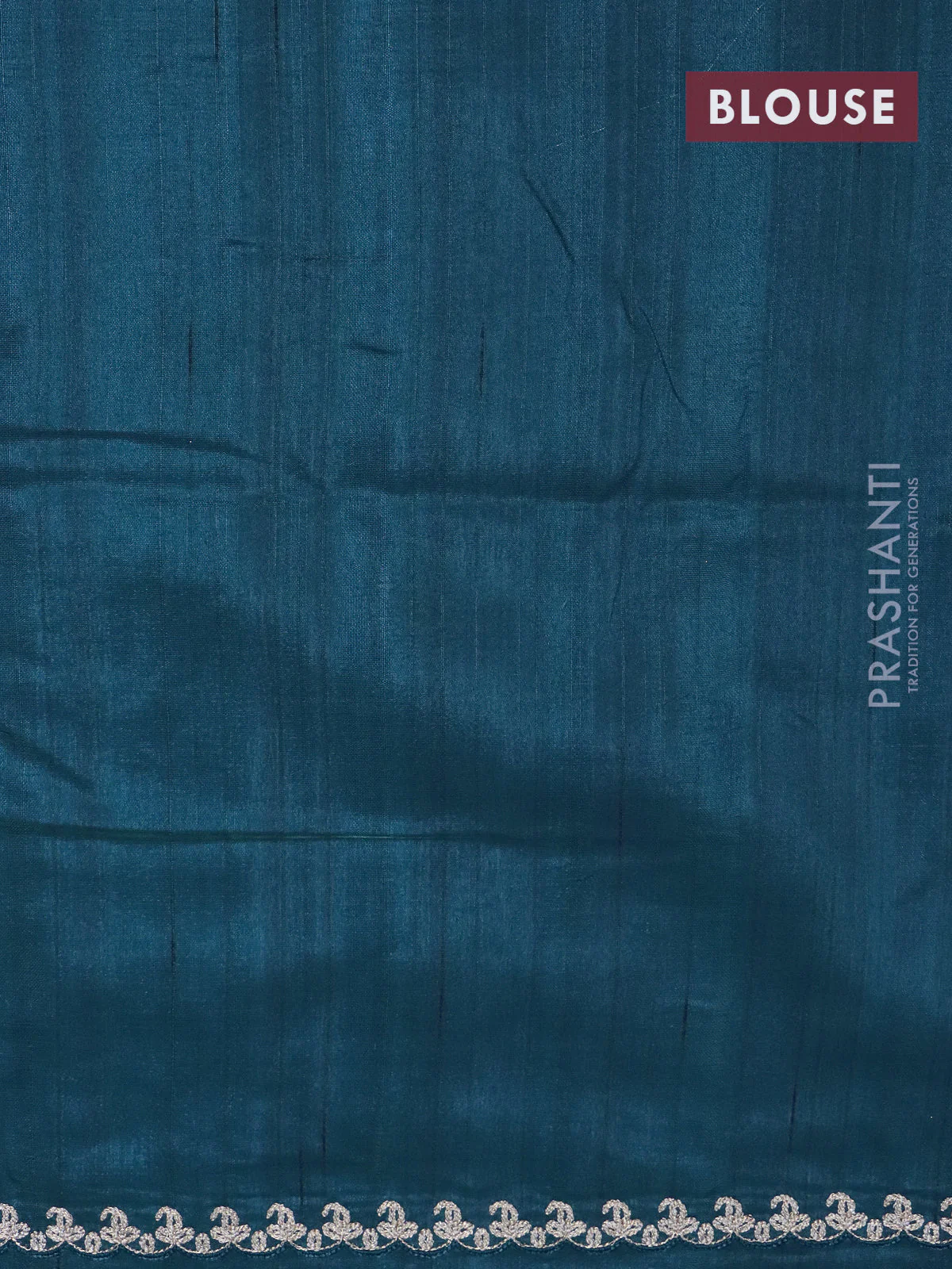 Tussar silk saree peacock blue with plain body and peacock deisgn embroidery work pallu - Image 4