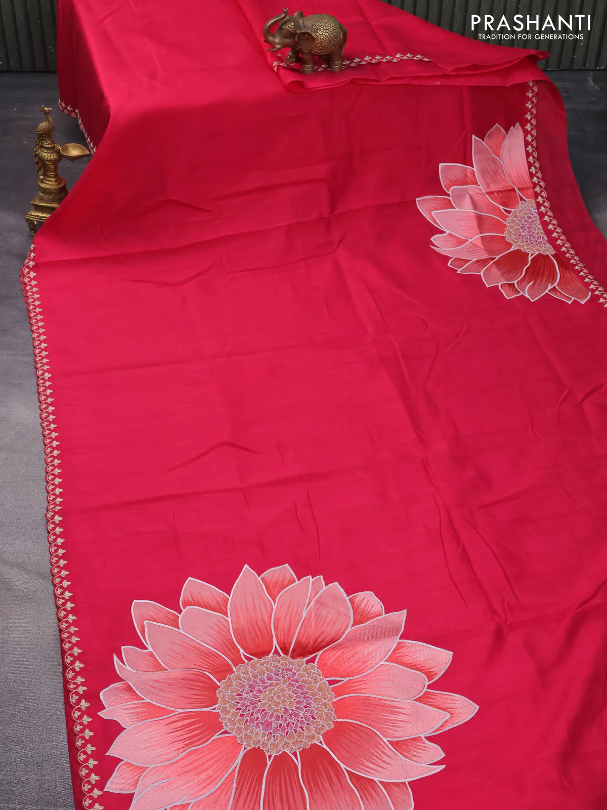Tussar silk saree pink with plain body and floral deisgn embroidery work pallu - Image 2