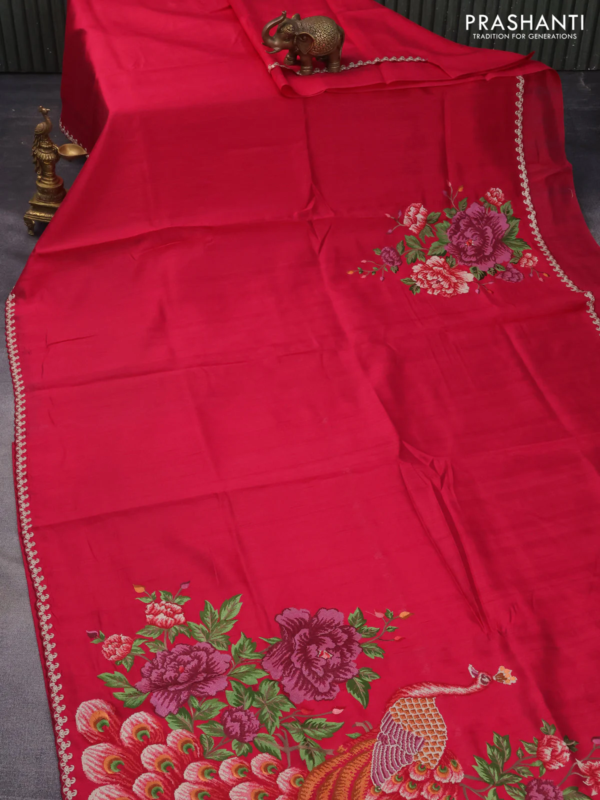 Tussar silk saree pink with plain body and peacock deisgn embroidery work pallu - Image 2