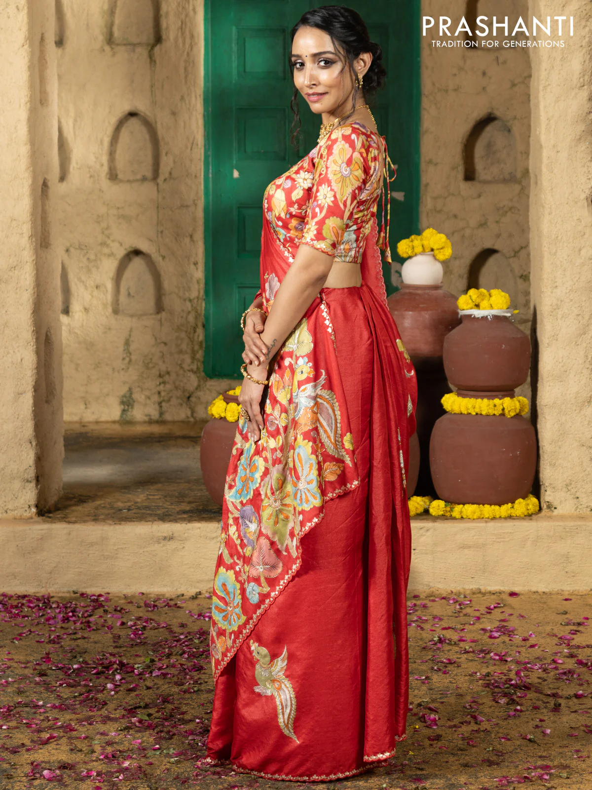 Tussar silk saree red with hand painted kalamkari prints & pita work and embroidery border - Image 2