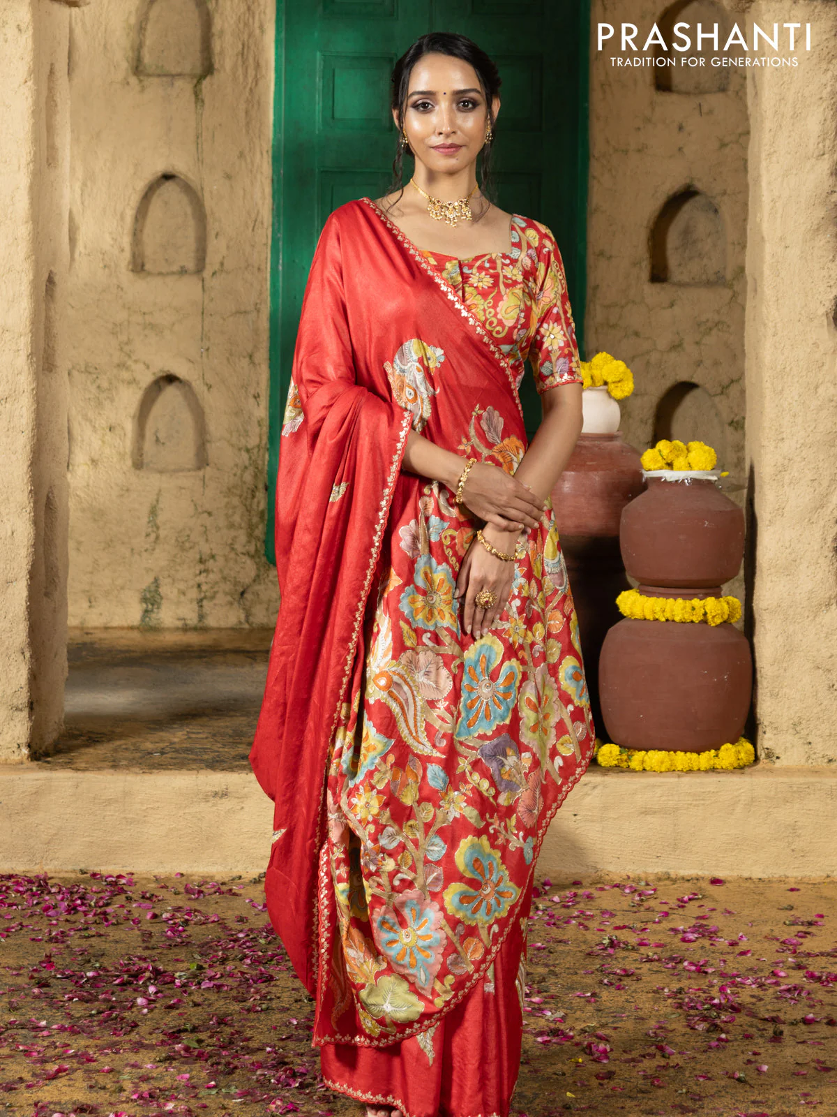 Tussar silk saree red with hand painted kalamkari prints & pita work and embroidery border - Image 3