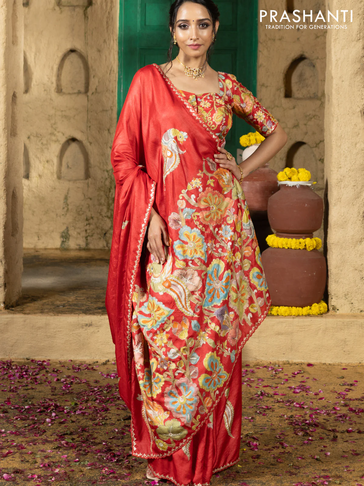 Tussar silk saree red with hand painted kalamkari prints & pita work and embroidery border - Image 4
