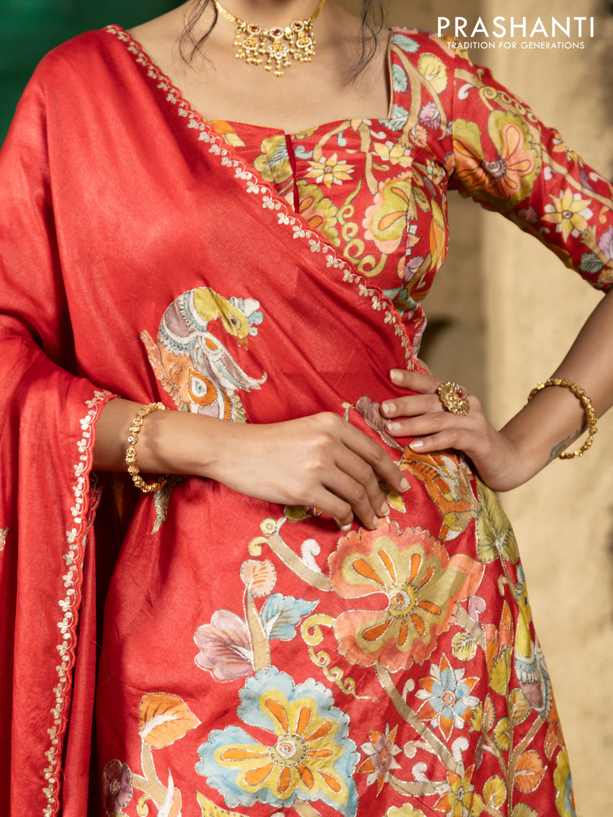 Tussar silk saree red with hand painted kalamkari prints & pita work and embroidery border - Image 5
