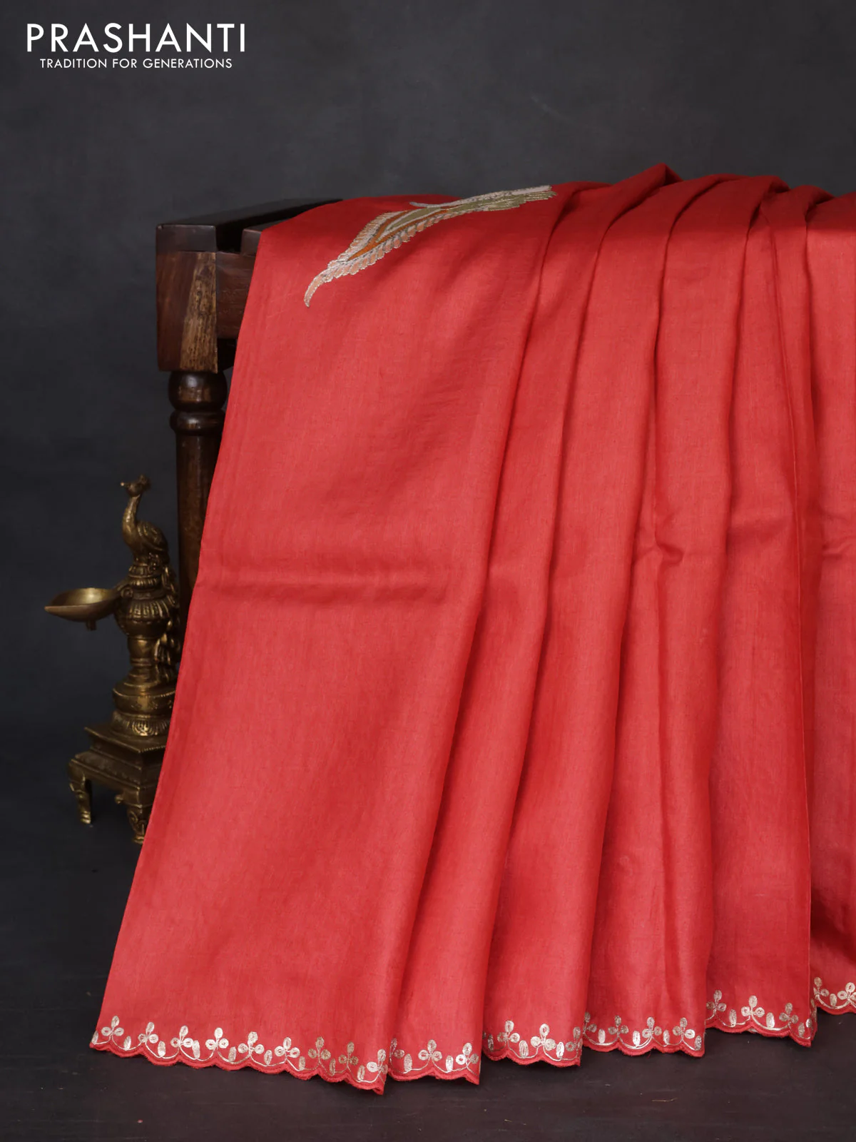 Tussar silk saree red with hand painted kalamkari prints & pita work and embroidery border - Image 6
