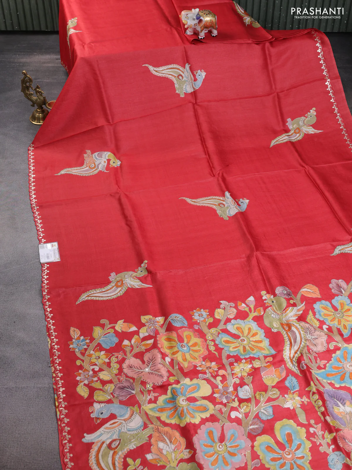 Tussar silk saree red with hand painted kalamkari prints & pita work and embroidery border - Image 7