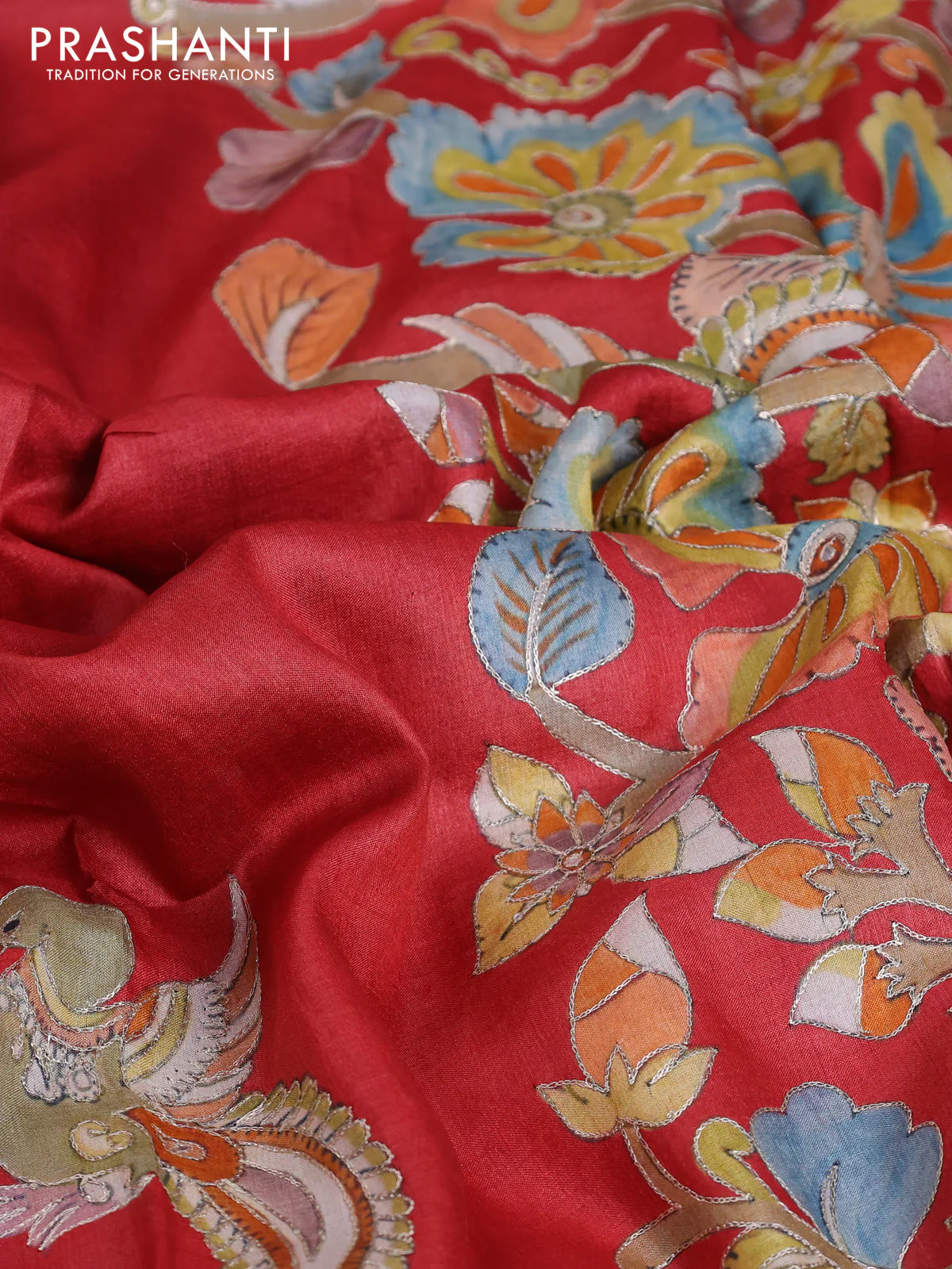 Tussar silk saree red with hand painted kalamkari prints & pita work and embroidery border - Image 8