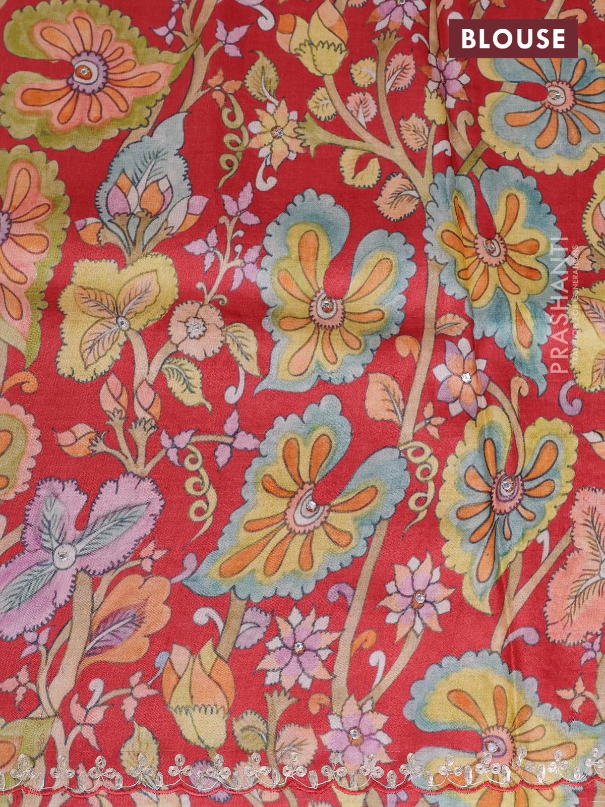 Tussar silk saree red with hand painted kalamkari prints & pita work and embroidery border - Image 9