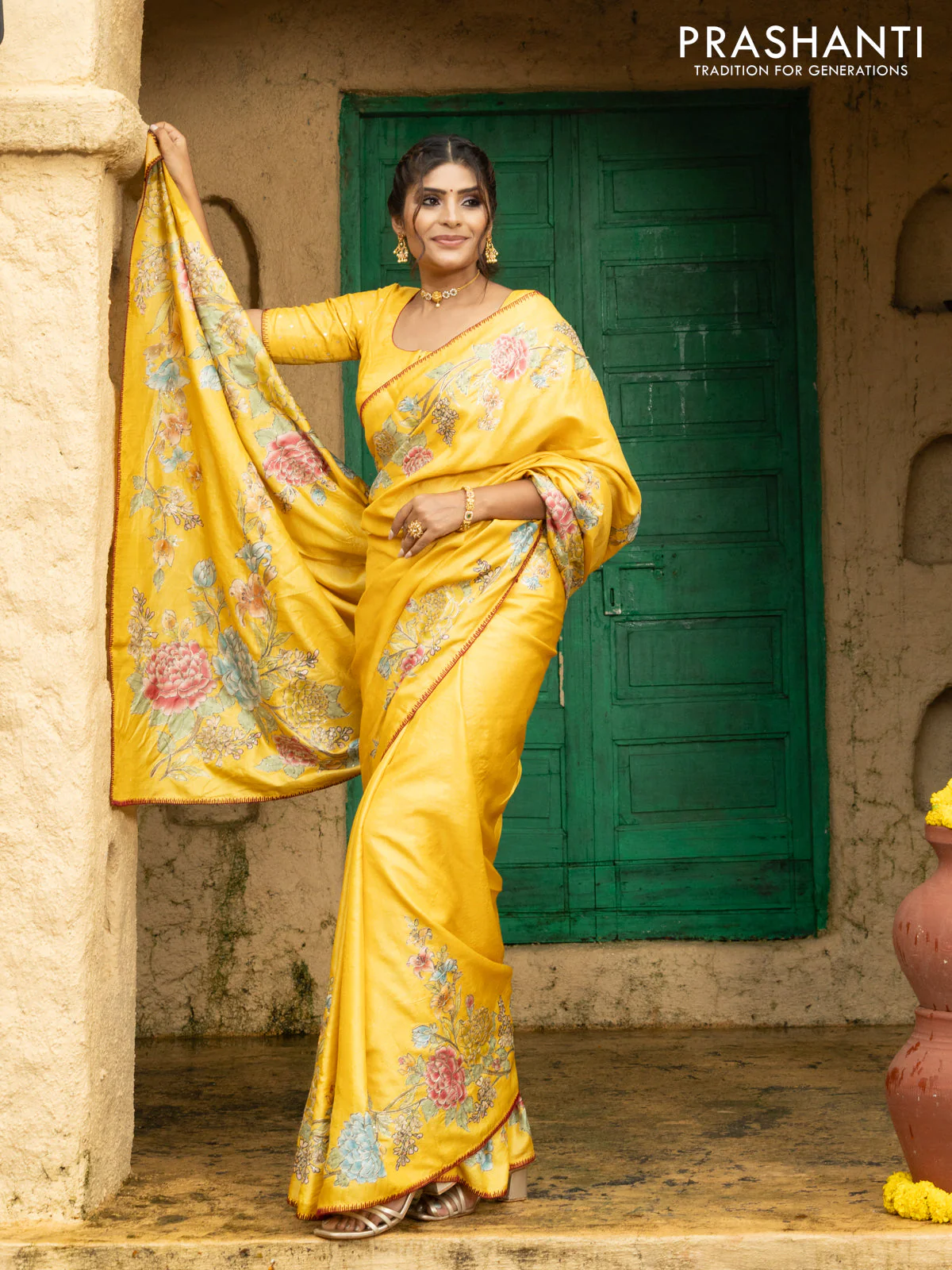 Tussar silk saree yellow with floral hand painted prints & pita work and embroidery border - Image 3